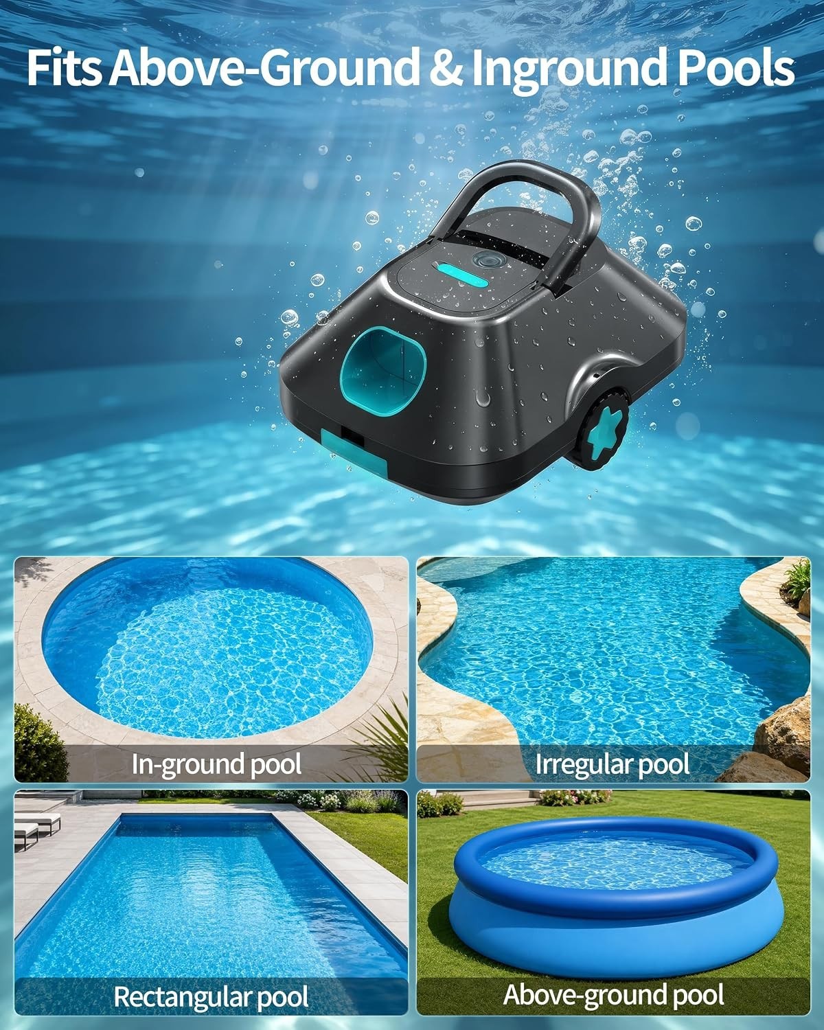 Light Teal Robotic Pool Cleaner for Above & Inground Pools – 180μm Filtration