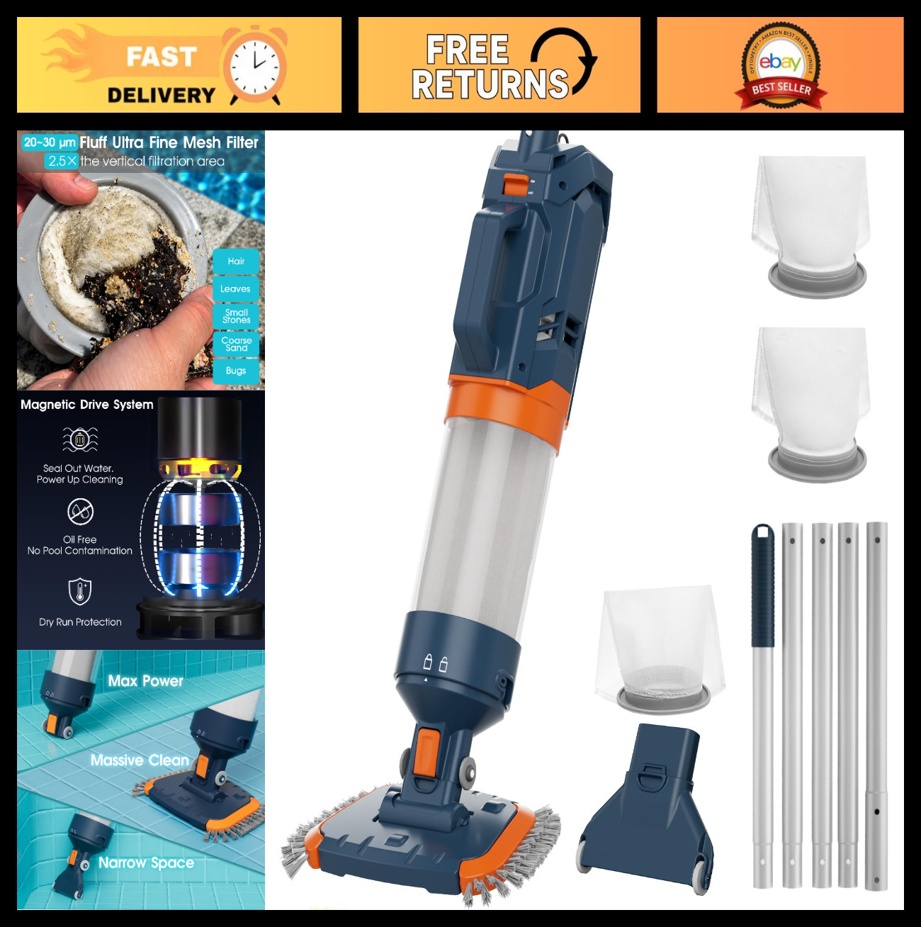 Cordless Pool Vacuum with Ultra Fine Filter, 18.9GPM Suction, 1H Runtime, Handhe