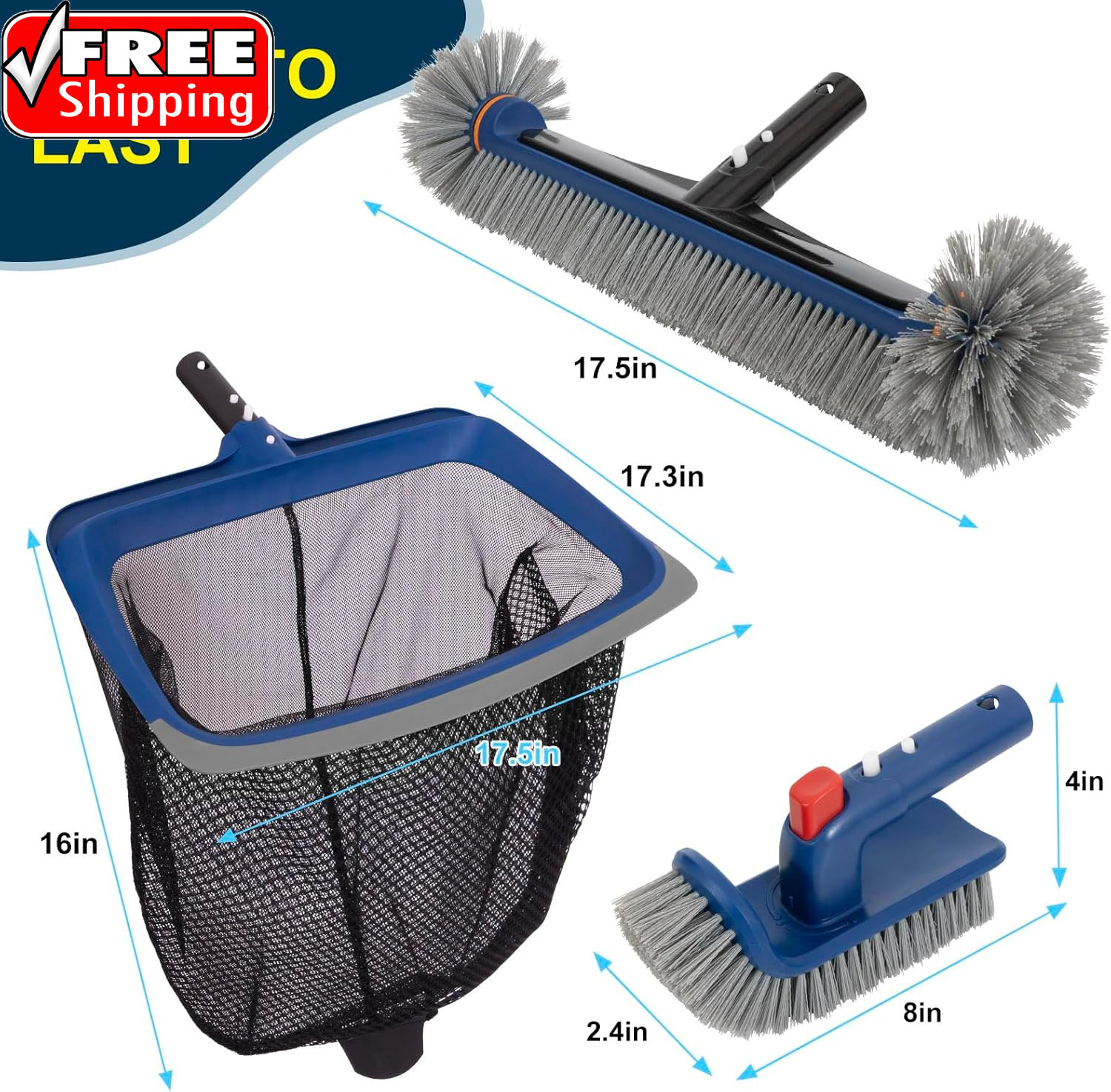 Deluxe Swimming Pool Cleaning Kit Including Pool Skimmer Net with Rubber Edge, 1
