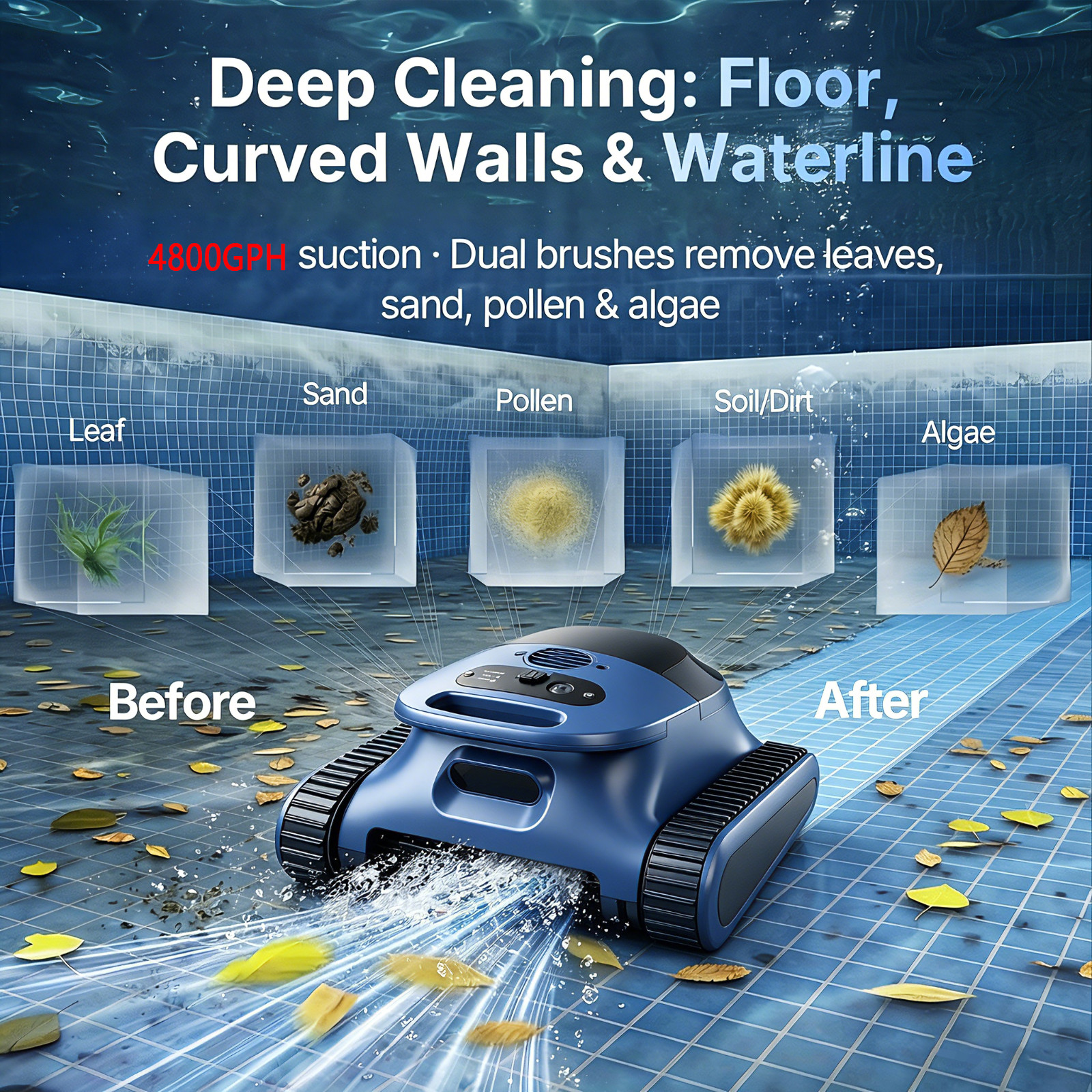 Cordless Robotic Pool Vacuum 120W | Sonar Navigation | Track Drive | Wall Climb