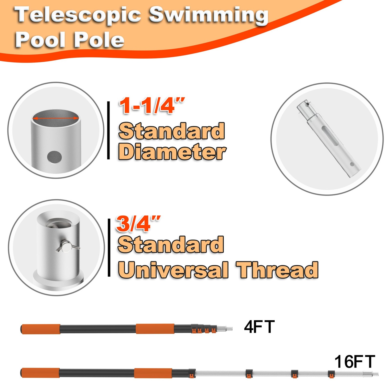 Telescopic Pool Pole 416 FT with 4 Baffle Locks for Cleaning Nets and Brushes