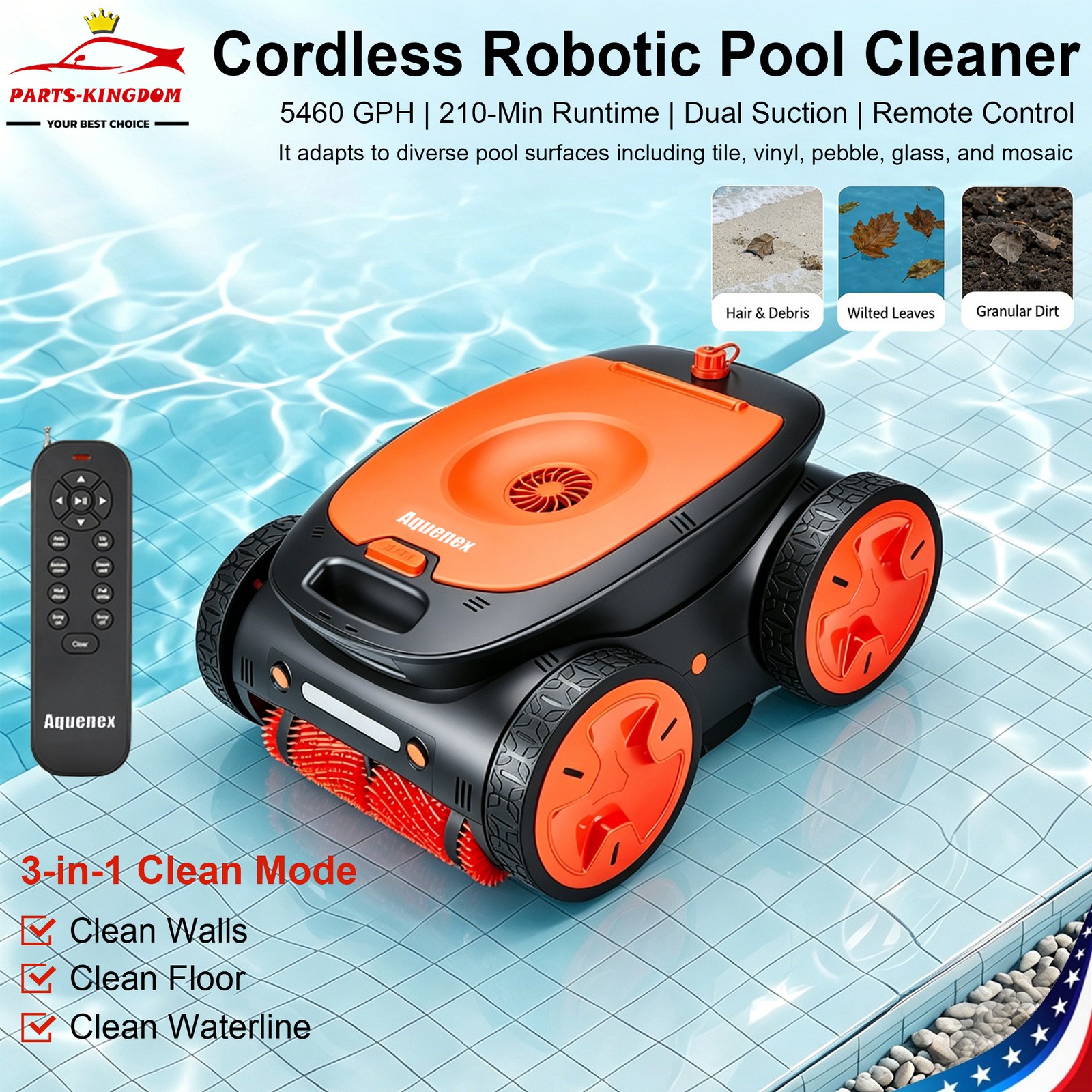 New Cordless Robotic Pool Cleaner Dual Suction with Remote Control, 5460GPH