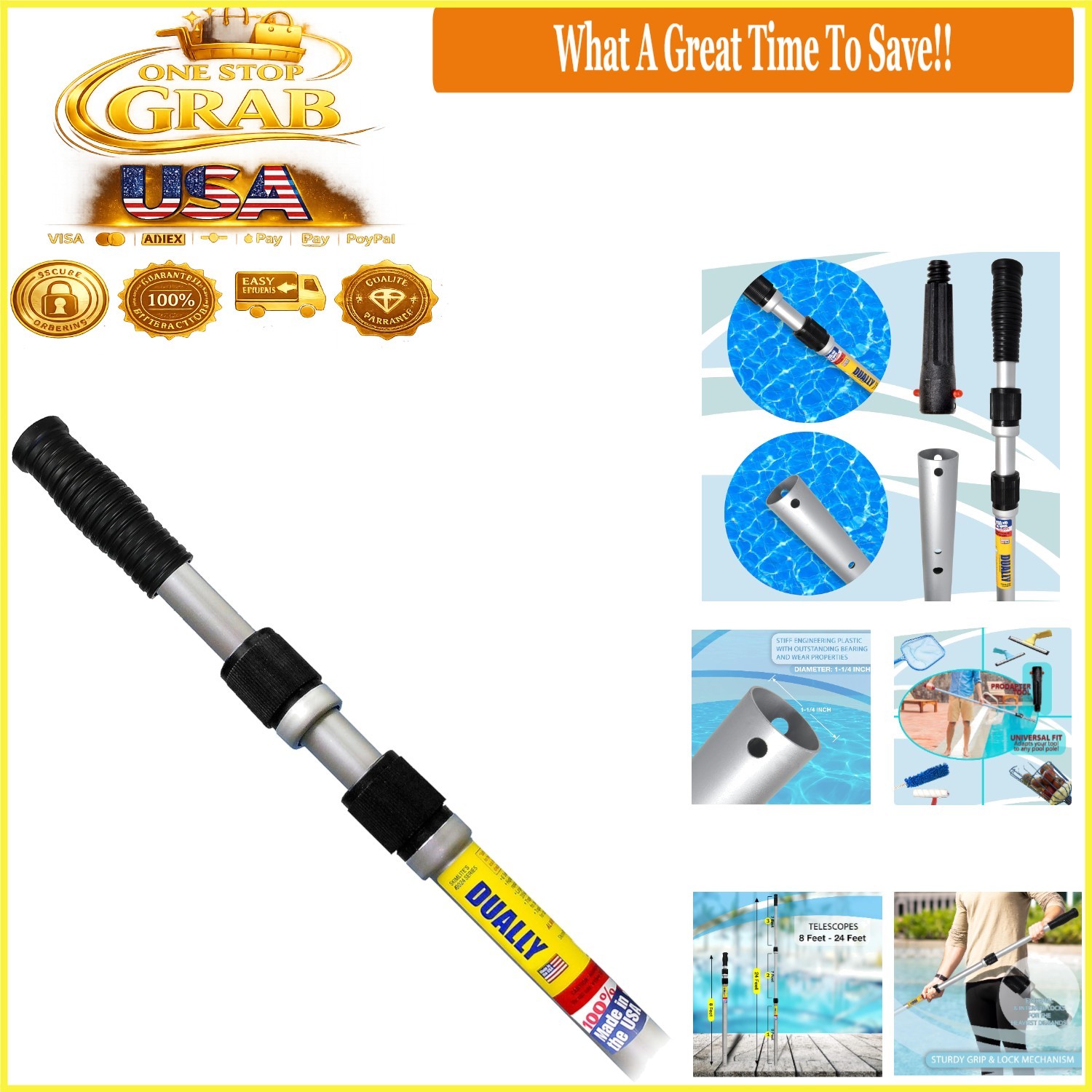 Dually Telescopic Pool Pole 8-24 Ft Aluminum Heavy Duty Locking USA Made