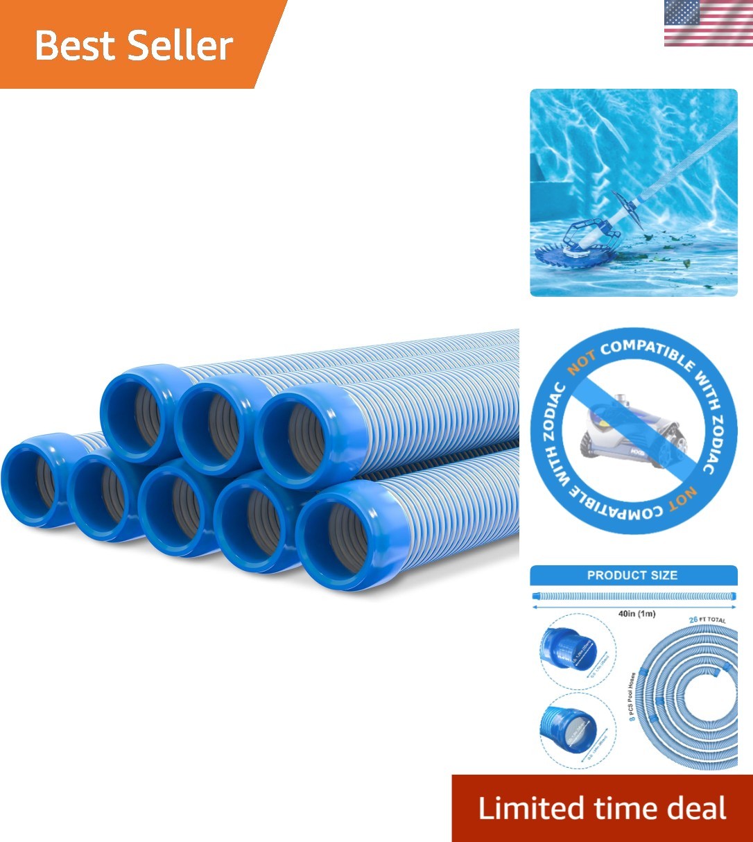 Pool Vacuum Hose 26 Feet 8 x 40 Inch 1.5 Inch Cuffs Replacement