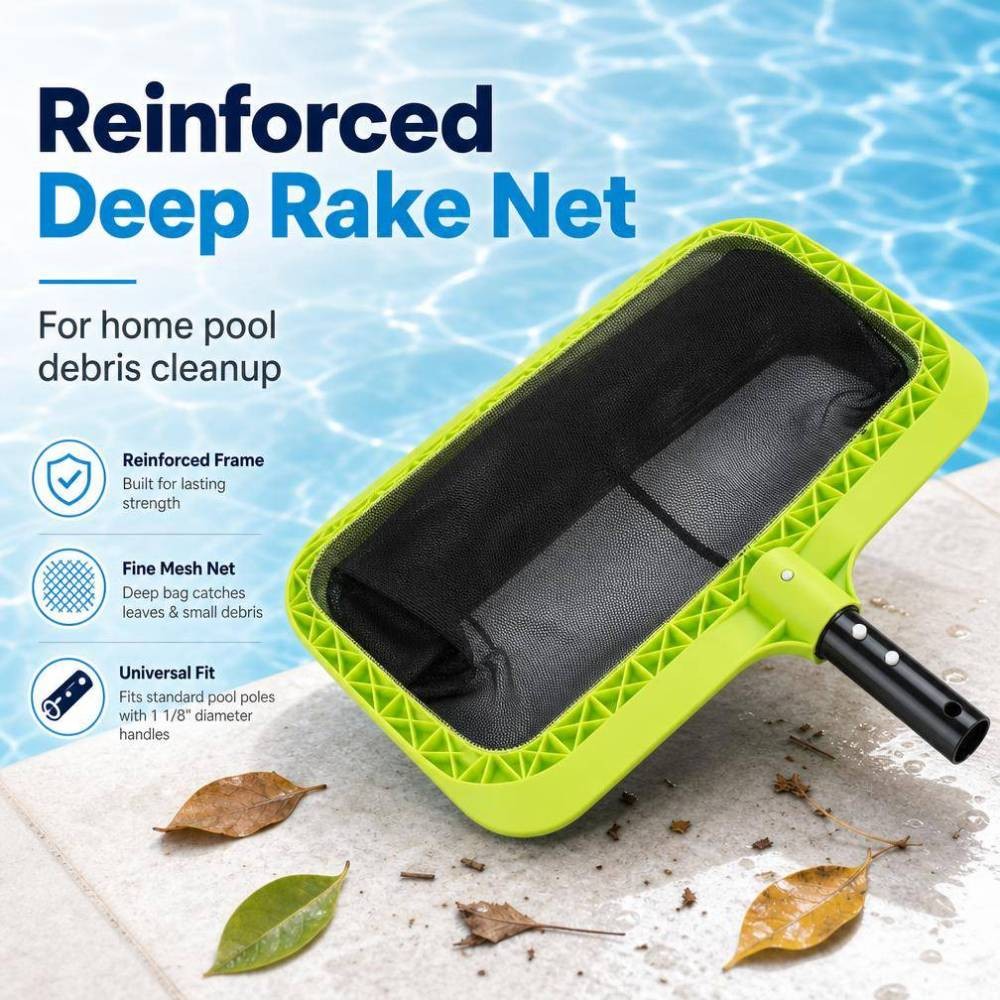 Pool Leaf Skimmer Net Reinforced Frame Deep Rake Mesh Netting Cleaner Head