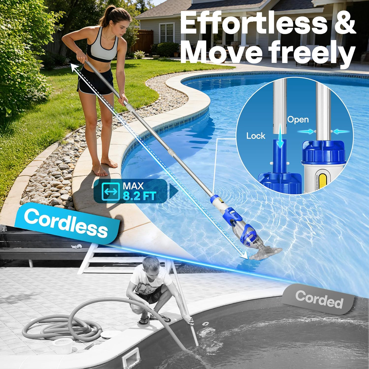 Cordless Handheld Pool Vacuum – 40W Motor, 75Min Battery, Adjustable Pole