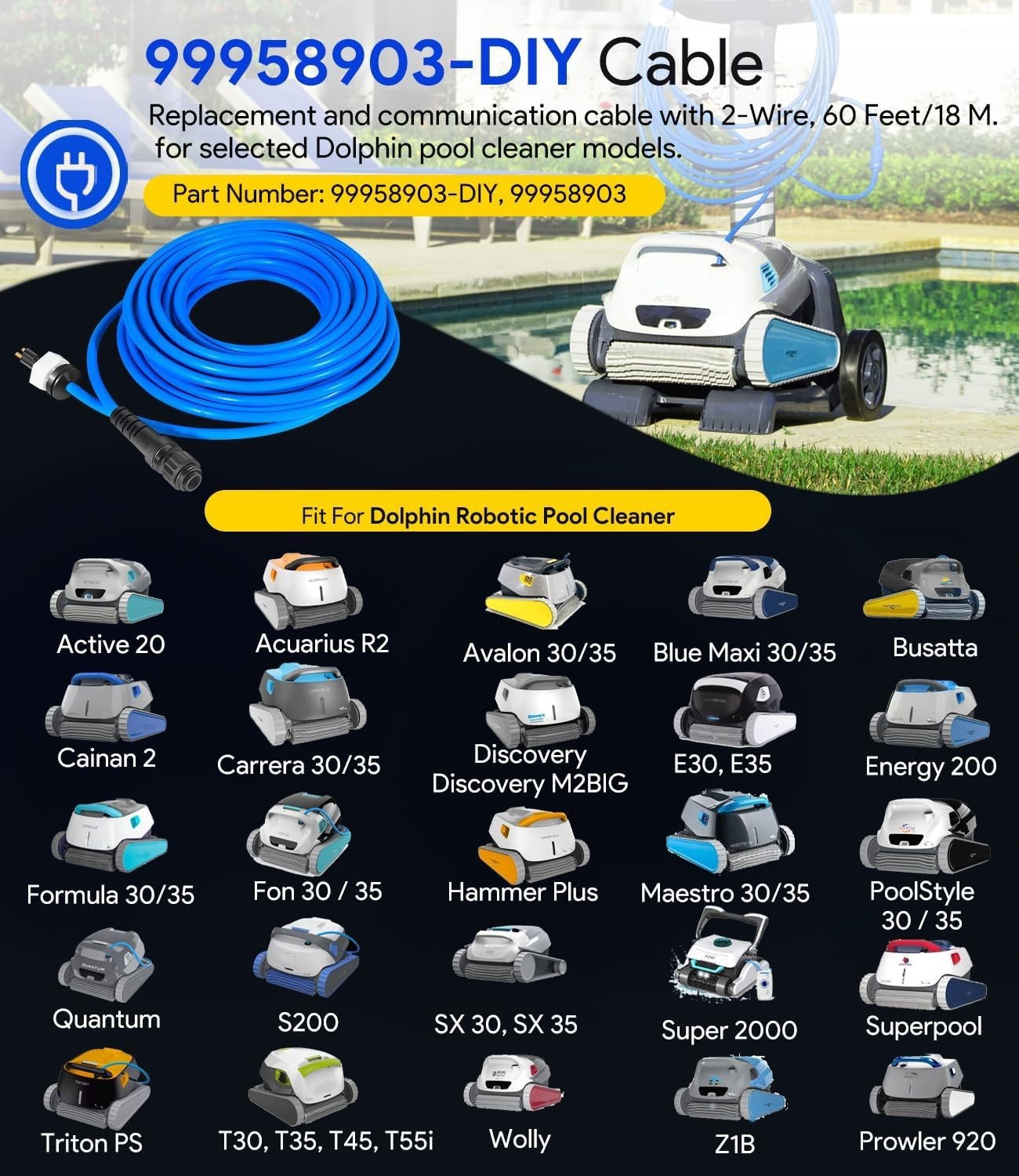 For Dolphin Pool Cleaner 99958903-DIY Cable Cord 2-Wire 60FT Triton PS PoolStyle