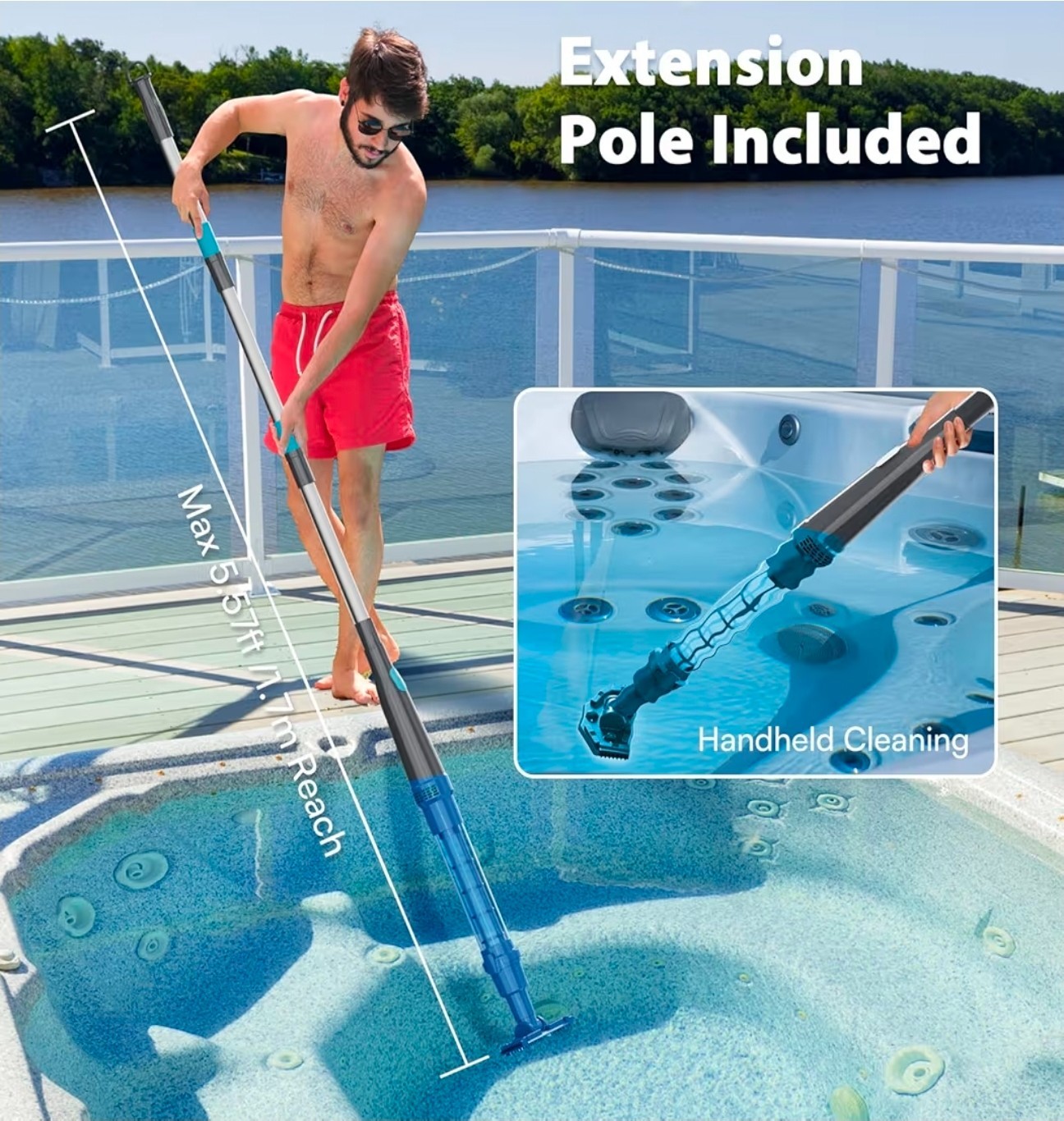 Handheld Pool Vacuum for Above Ground Pool & Hot Tub Vacuum, with 2 Brush Heads