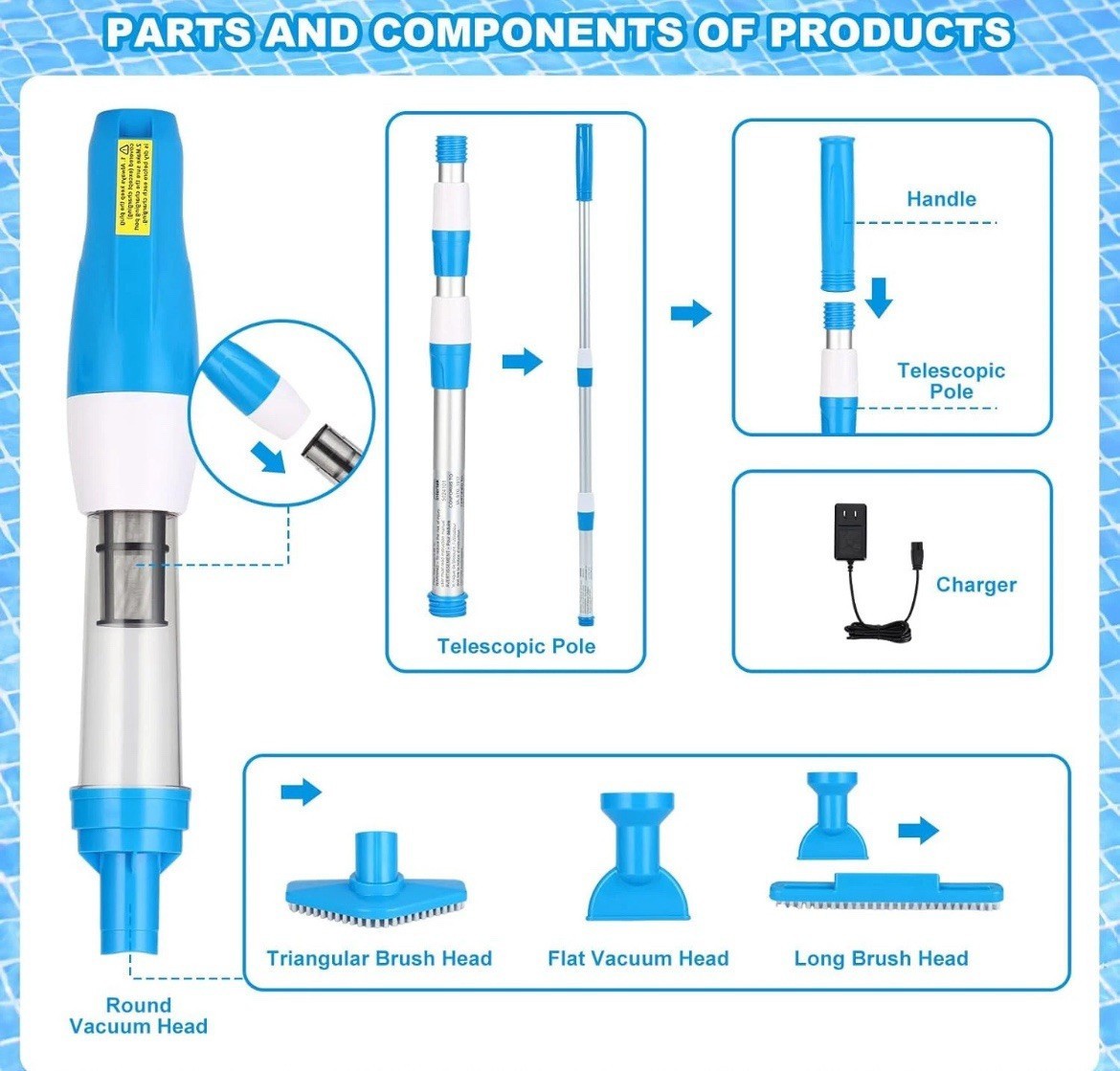 3 in 1 Cordless Rechargeable Pool Vacuum, Handheld Pool Cleaner Ideal for Spas
