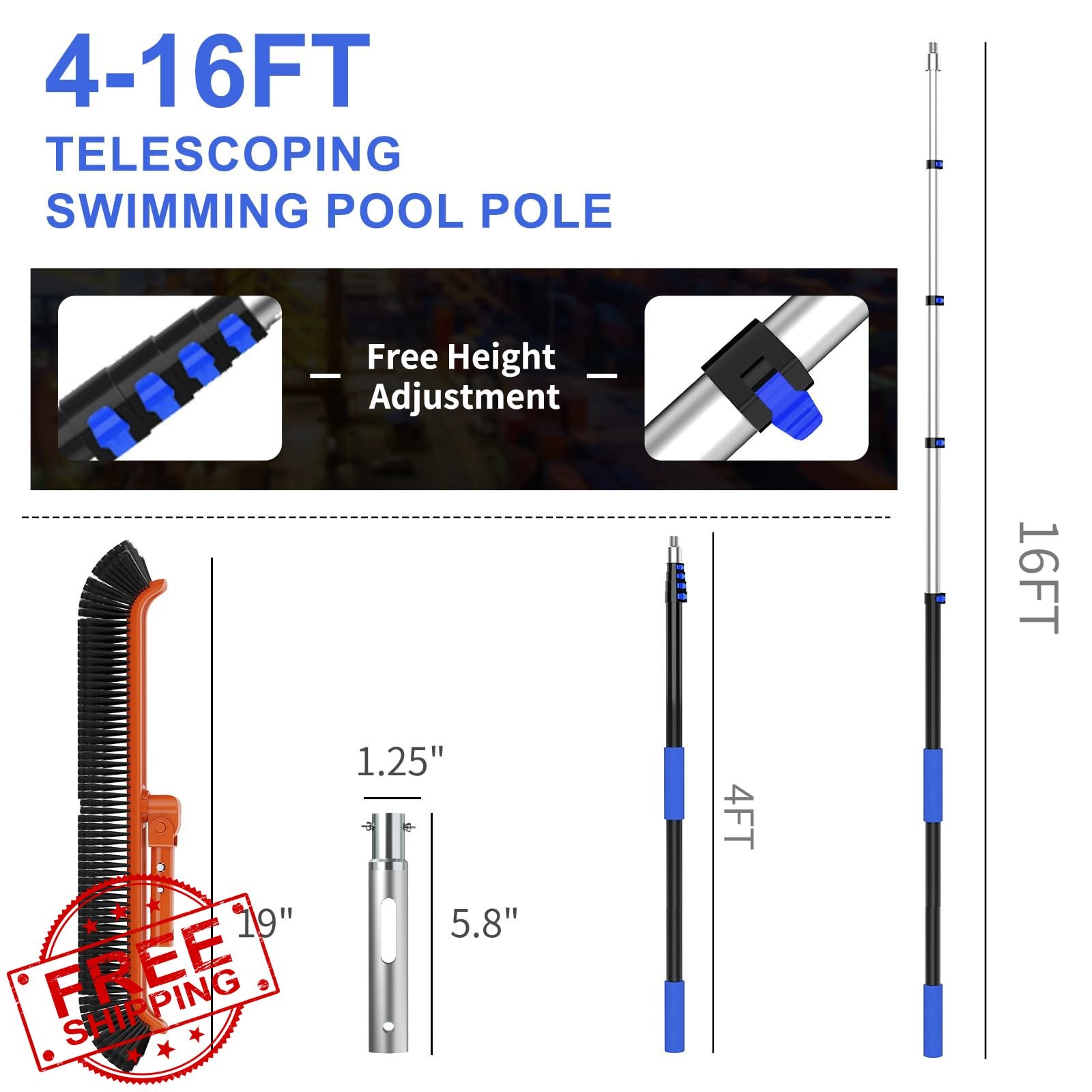 SKGPOLE Pool Pole 16FT Telescopic with 19&Prime; Brush Head