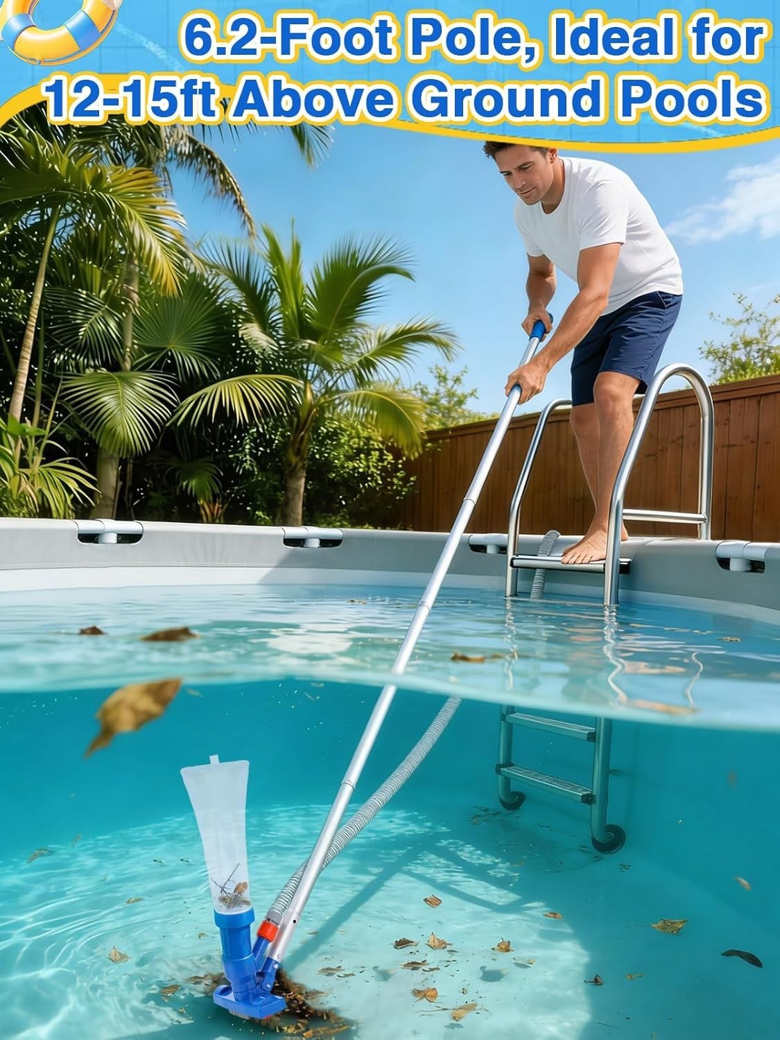 Complete 3-in-1 Pool Cleaning Solution for Above Ground Pools with 6.2ft Pole