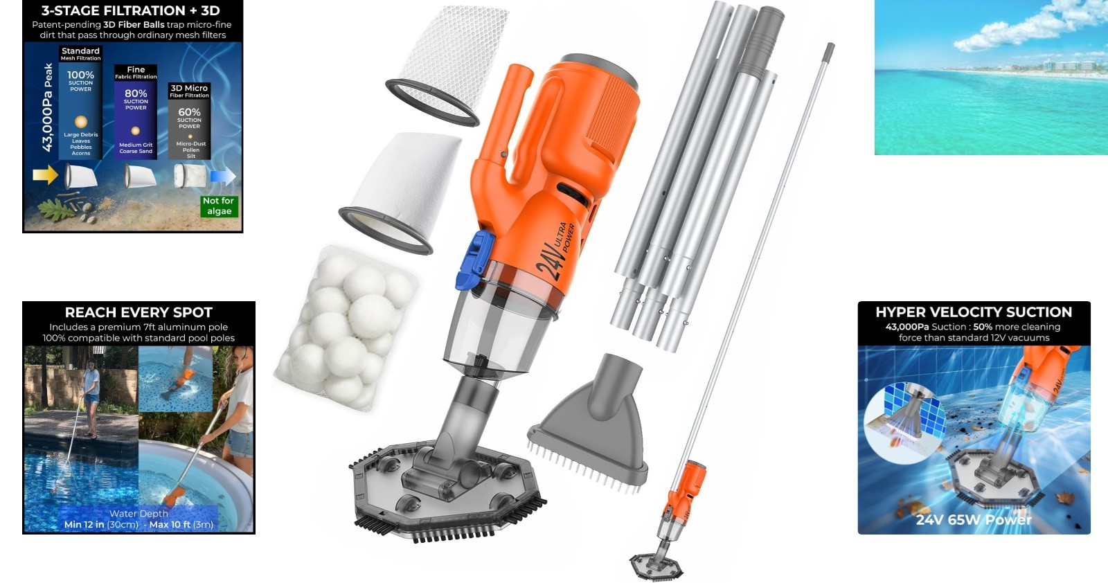 Ultimate Cordless Pool Vacuum – 3D Filtration, 0.3gal Canister & Waterproof