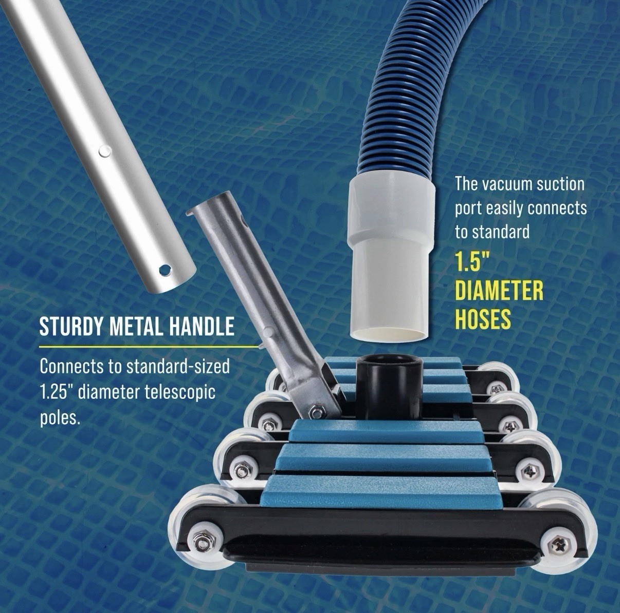 Manual Pool Vacuum Head for Inground Pools, Extra-Wide, Weighted – 1.5&Prime; Hose