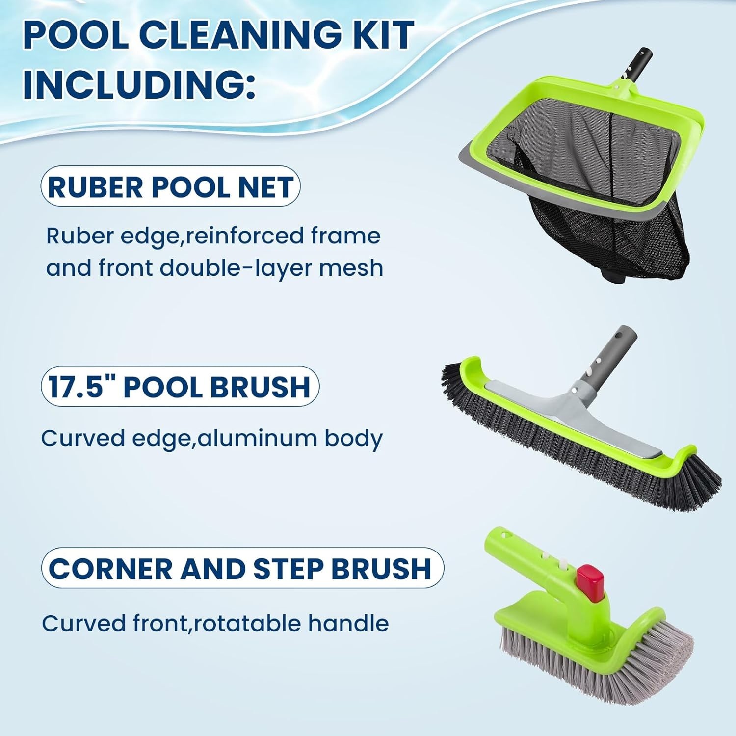 Heavy Duty Pool Maintenance Set with 17.5 Inch Brush and Rotatable Scrub Tool