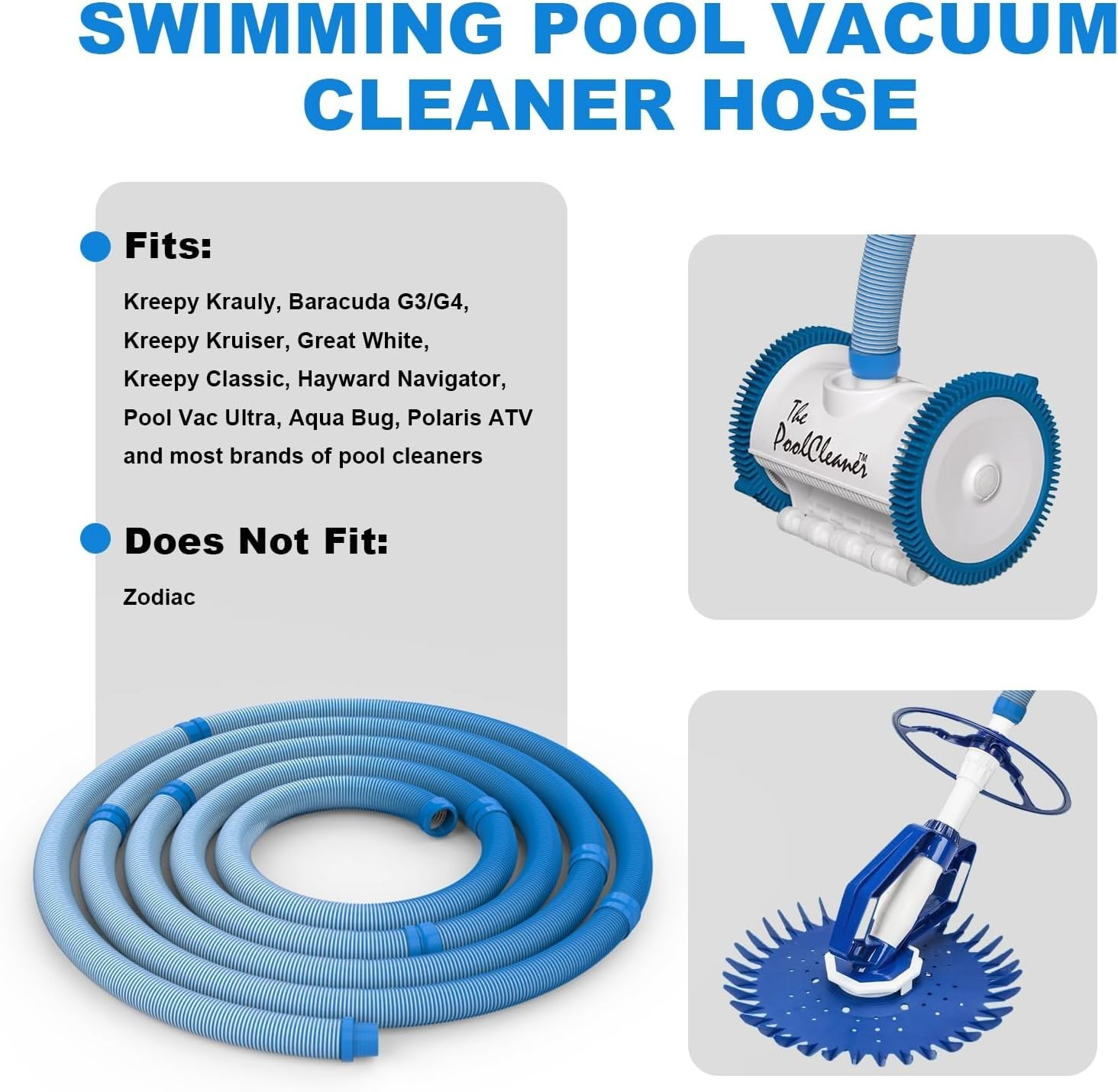 Pool Vacuum Hose 26 Feet 8 x 40 Inch 1.5 Inch Cuffs Replacement