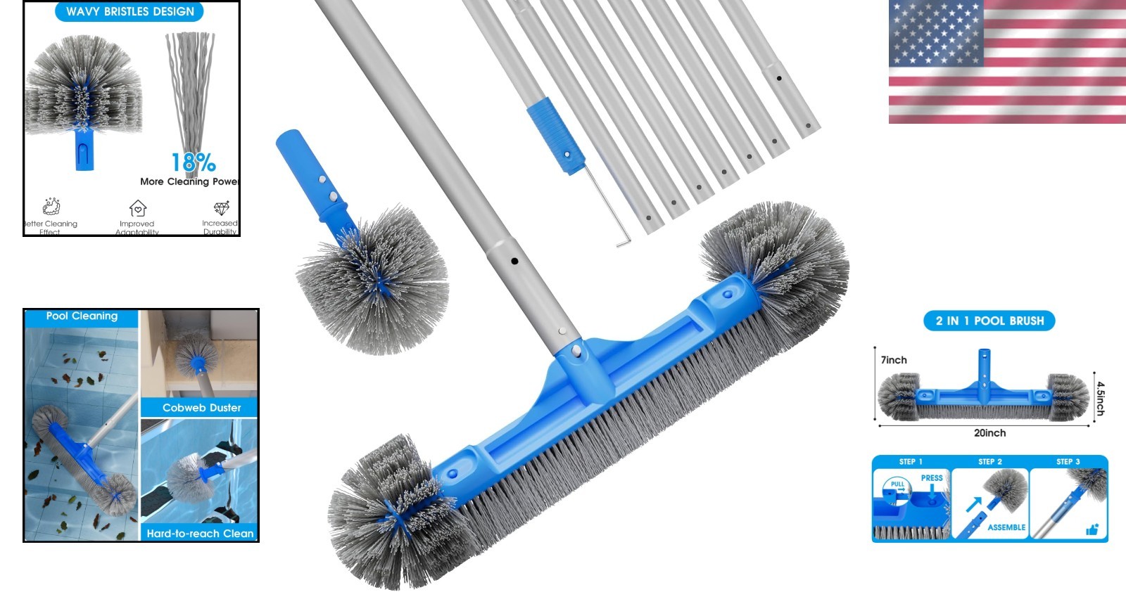 20’’ Detachable Pool Brush with 9 FT Pole & Hidden Hook – Ultimate Cleaning Tool