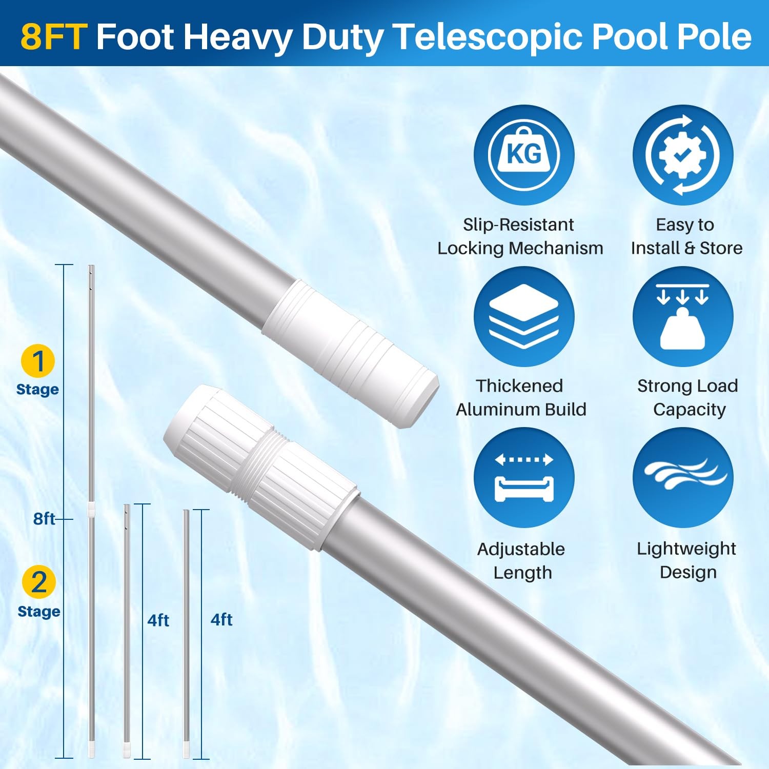 Pool Pole Telescopic, 8FT Aluminum Lightweigh Swimming Pool Pole, Adjustable …