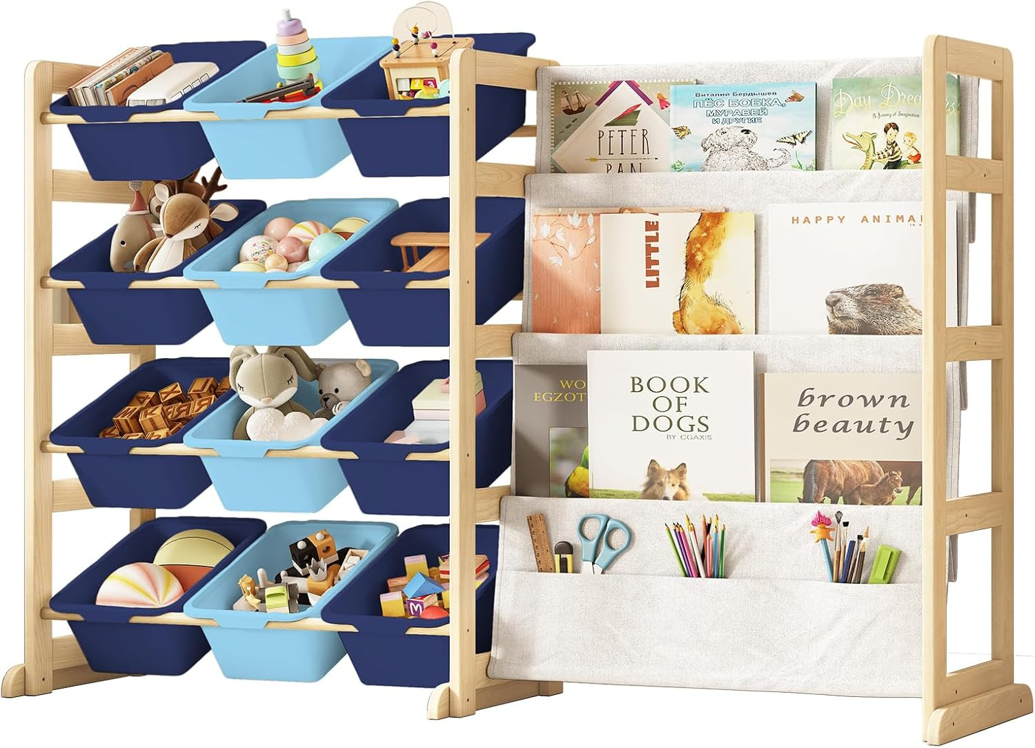 Toy Storage Organizer with Bookshelf – 12 Storage Bins 4-Tier Multipurpose Shelf