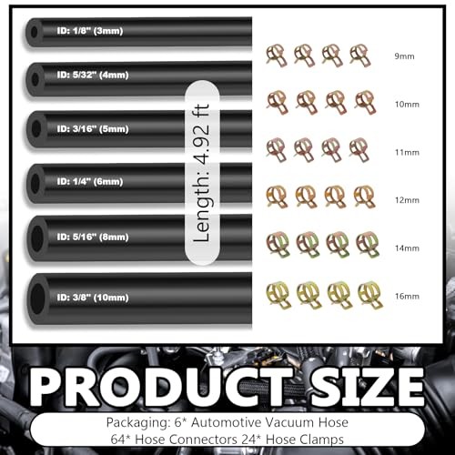 5Ft Vacuum Hose Automotive Set,6 Sizes 3/8&Prime;,5/16&Prime;,1/4&Prime;,3/16&Prime;,5/32&Prime;,1/8&Prime; 94PCS