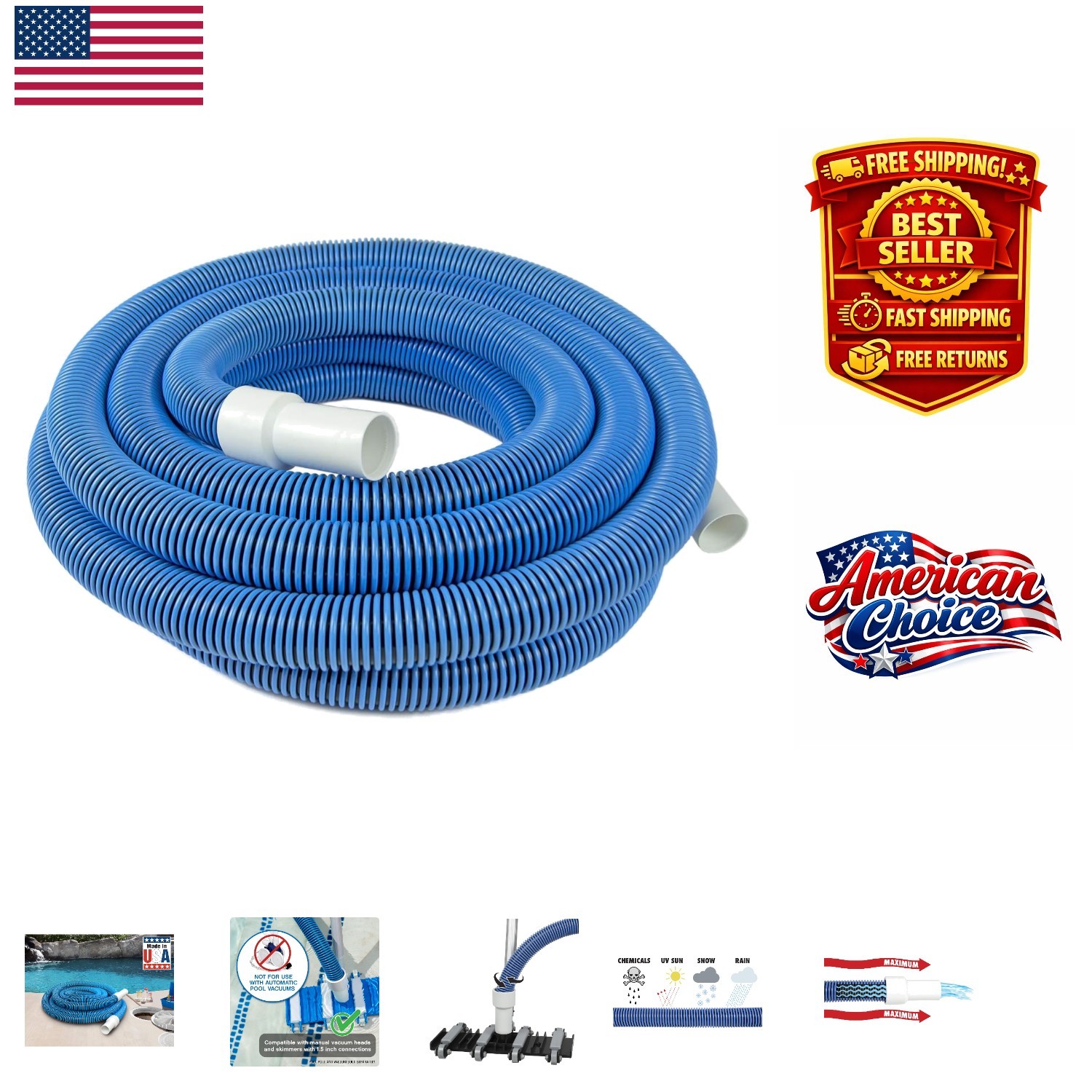30 Ft Kink-Free Manual Pool Vacuum Hose for Inground & Above Ground Cleaning
