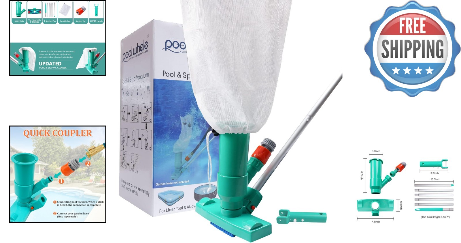 Deluxe Mini Jet Vac with Brush and 56.7&Prime; Telescopic Pole—Easy Pool Cleaning