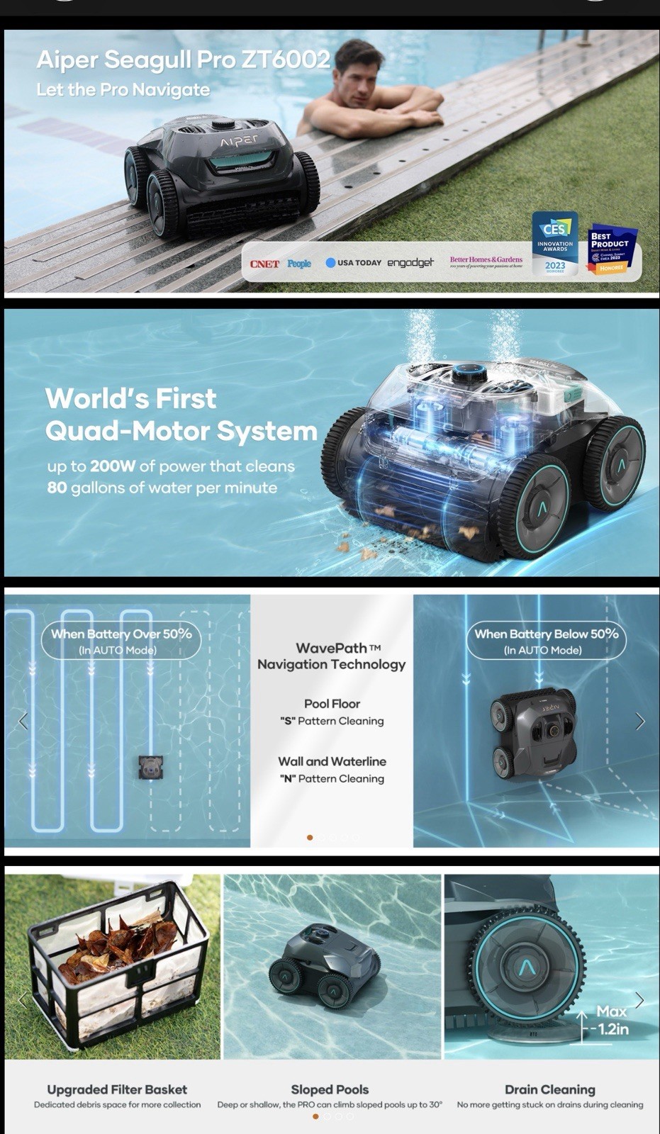 AIPER Seagull Pro Cordless Robotic Wall Climbing Pool Cleaner up to 1,600 sq.ft