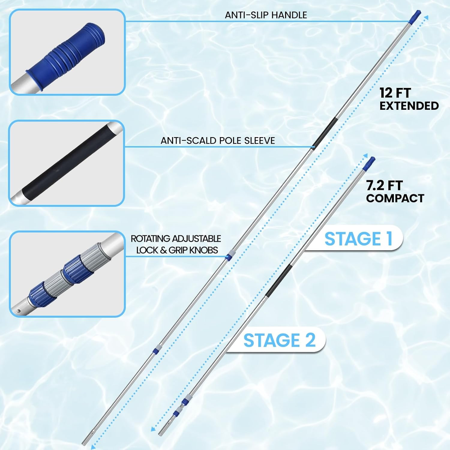 12FT Pool Pole, 2-Piece Telescopic Swimming Pool Cleaning Pole with Universal Th