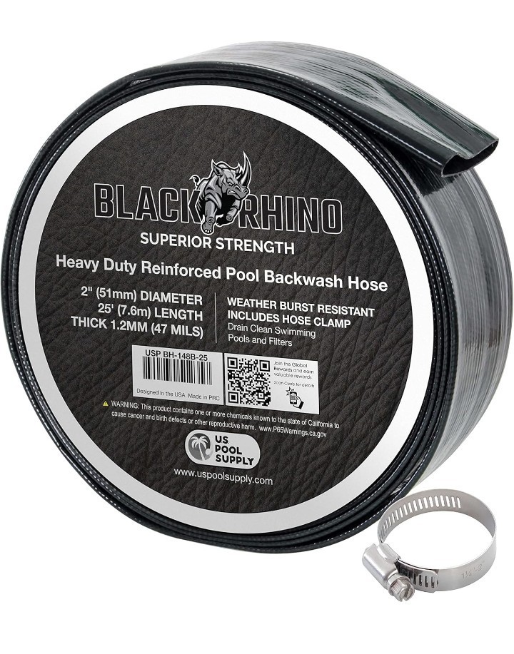 Black Rhino Heavy Duty Reinforced Burst Proof PVC Pool Hose 2in x 50ft Clamp