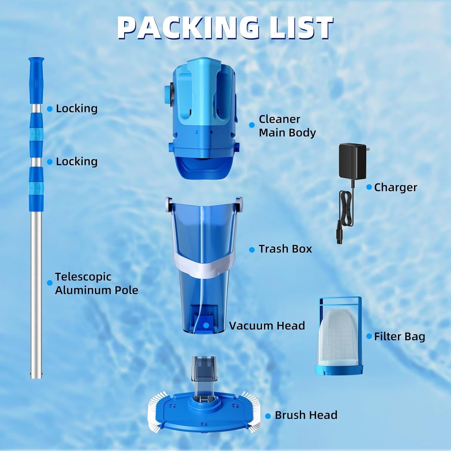 Powerful Cordless Pool Cleaner – Dual Heads, Telescopic , Waterproof Design