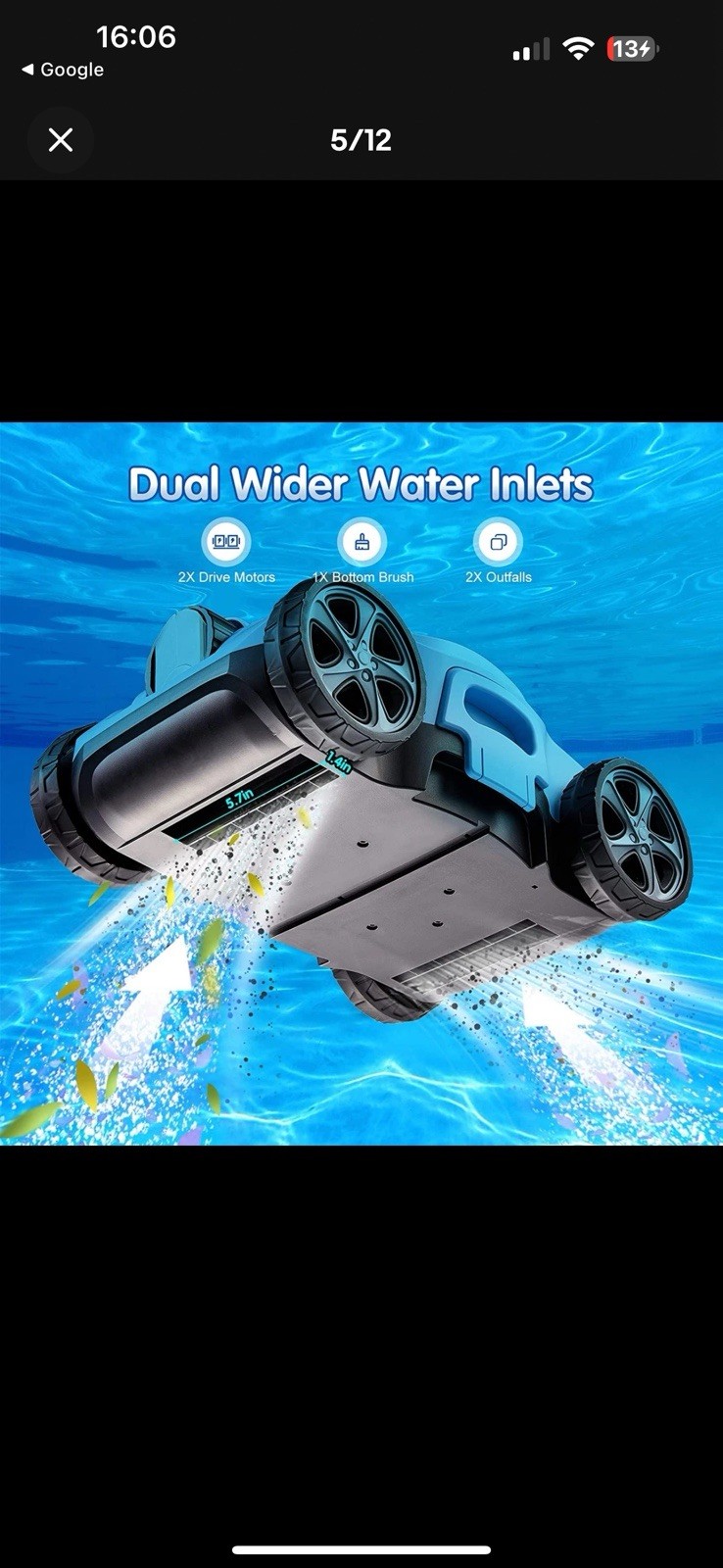 Robotic Pool Cleaner 110 Mins Auto-Parking Rechargeable Automatic 50 Feet Blue