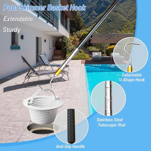 Extendable Pool Skimmer Basket Hook Pole Up to 63 Inch – Stainless Steel