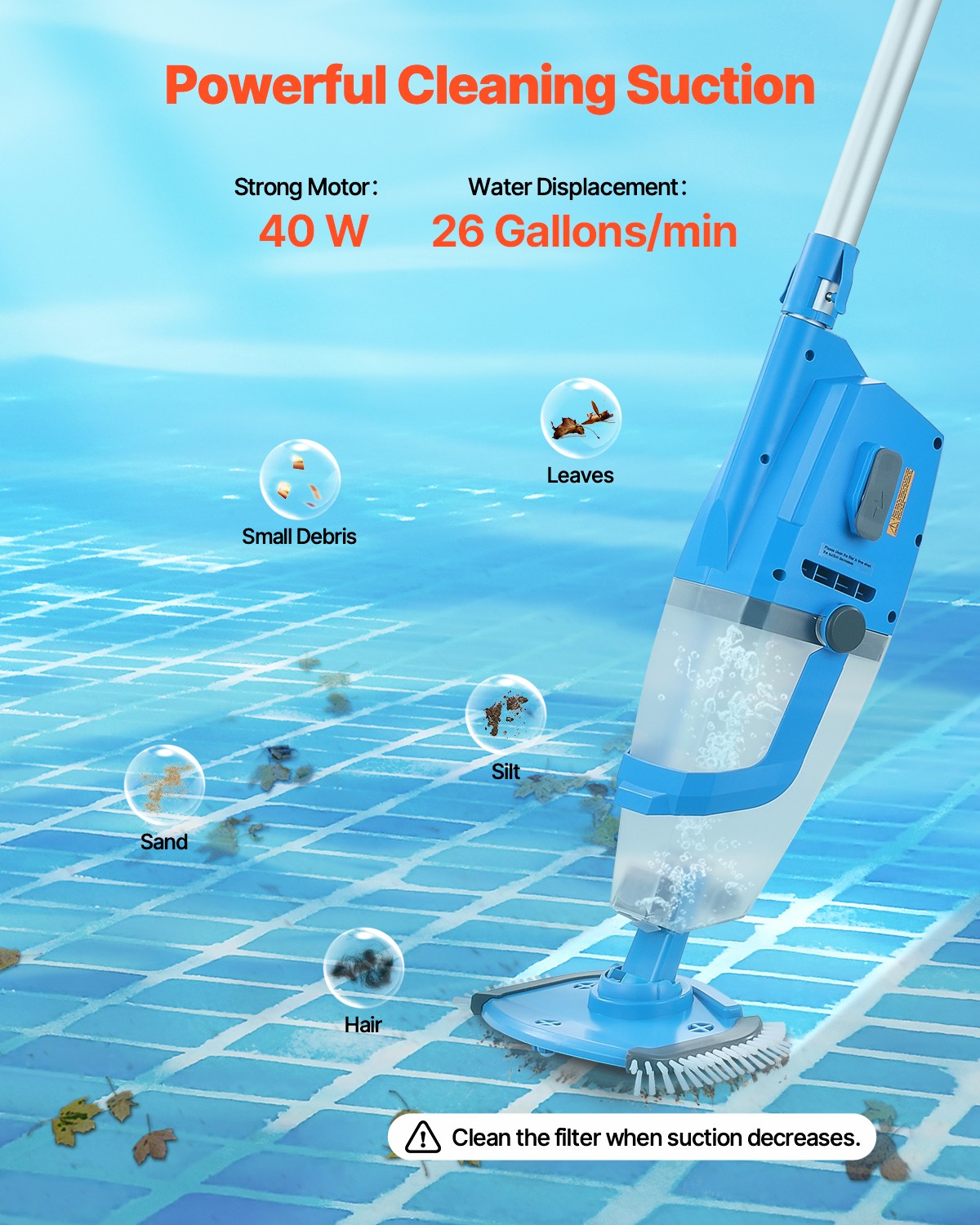 Pool Vacuum Suction/8.5/26GPM Rechargeable Pool Cleaner w/ Hose/Extension Pole