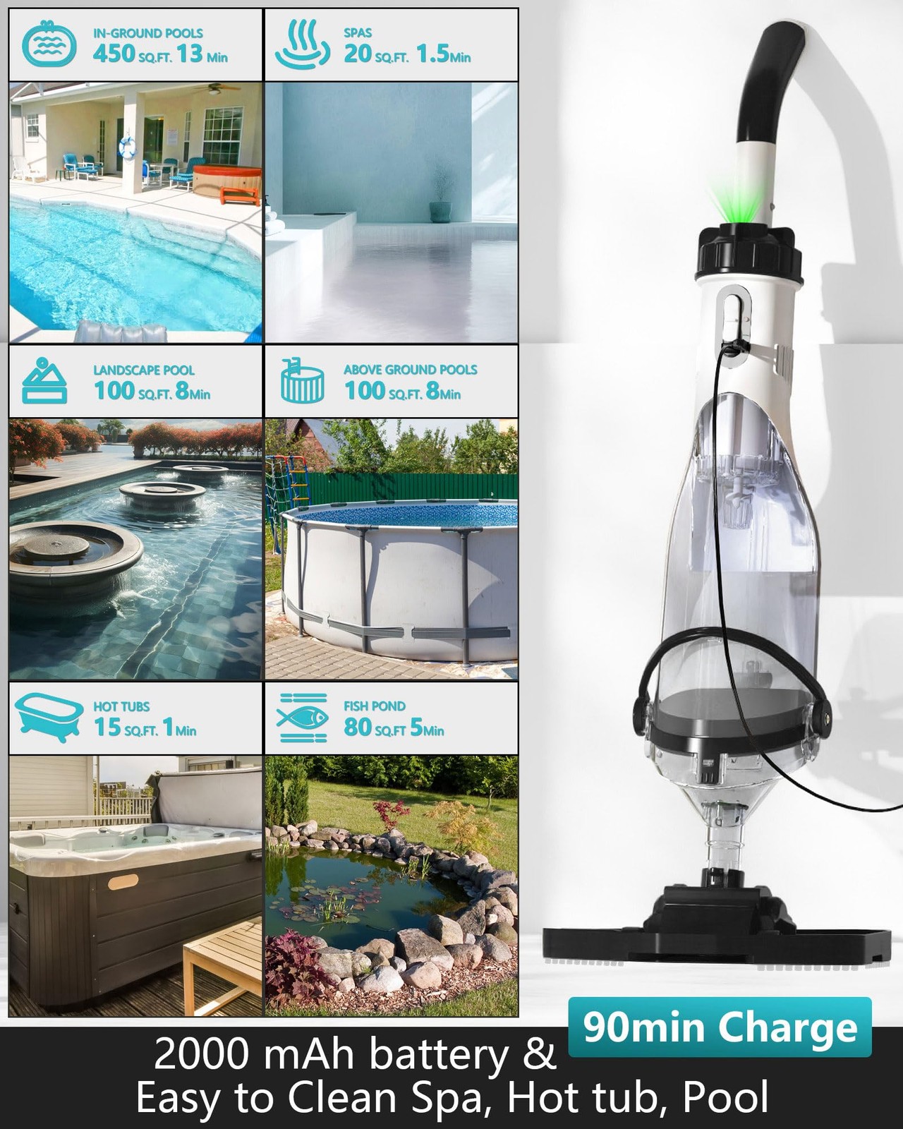 Foting Cordless Pool Vacuum For Above Ground Pool 19.5 Gpm All-Angle Headled