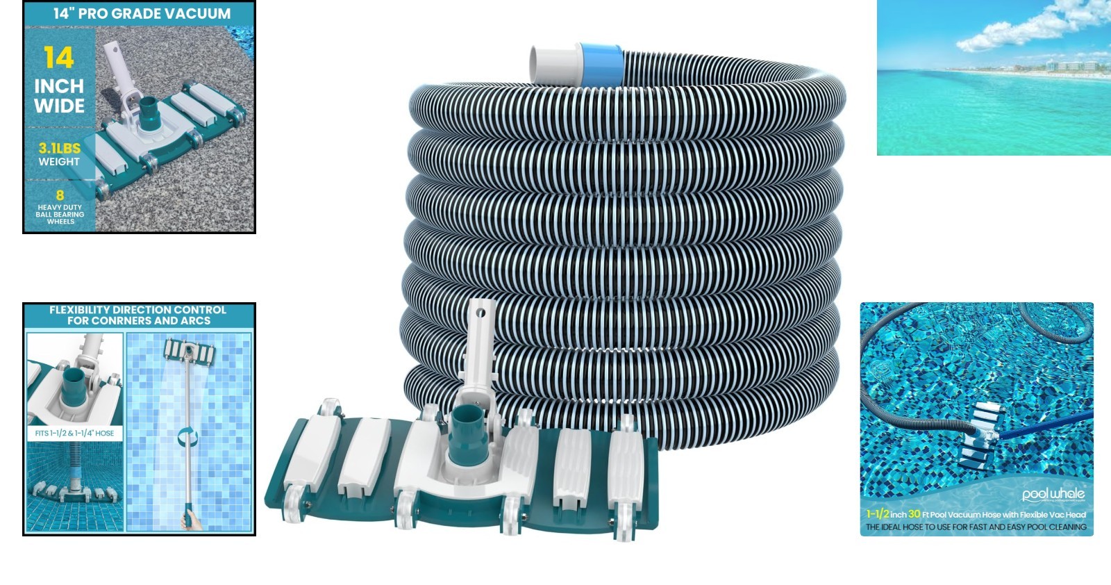1.5-Inch x 30-Feet Pool Vacuum Hose with Adjustable Head for All Pool Types