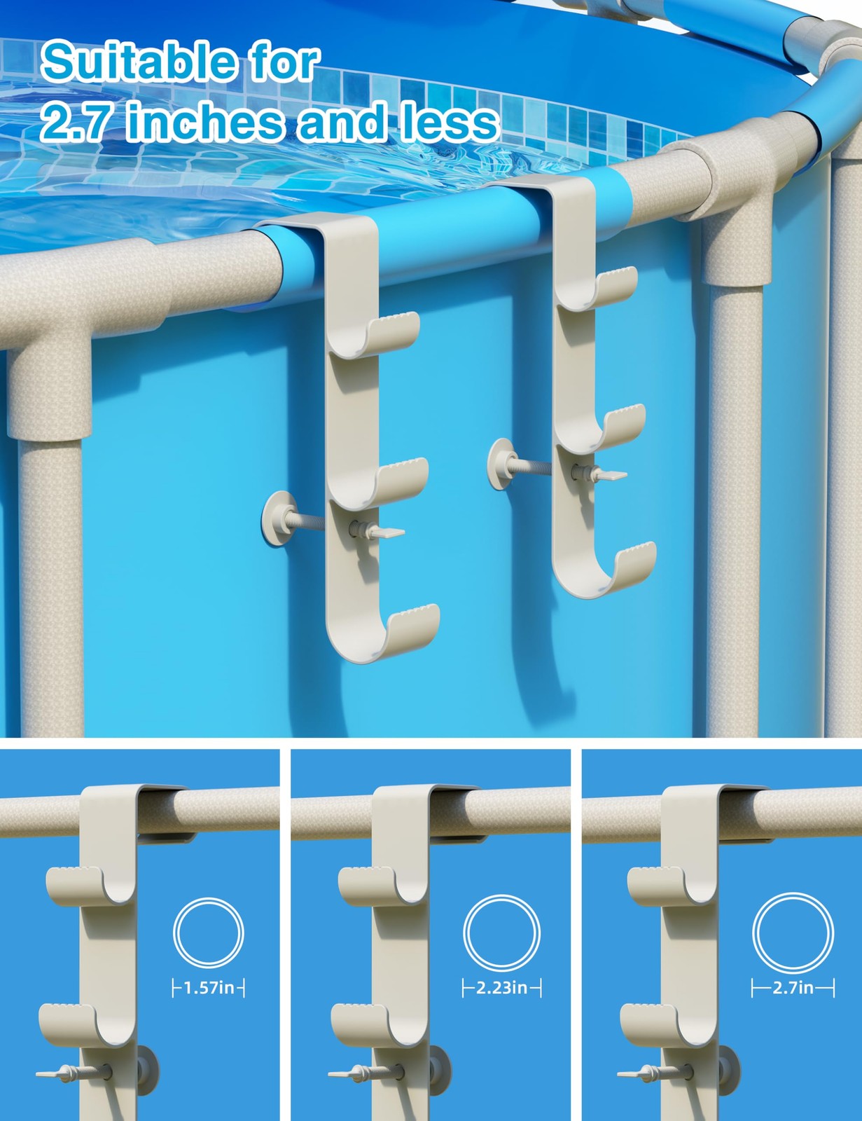 Pool Hooks for Poles – Adjustable 3-Hook Pool Pole Hanger for Above Ground Po…