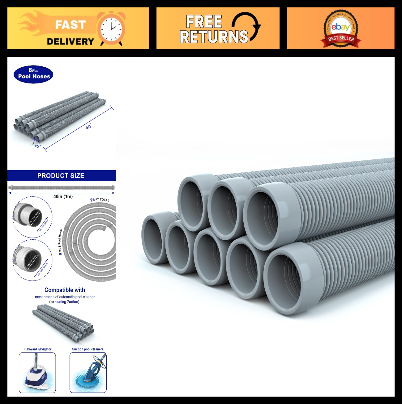 Professional Swimming Pool Vacuum Cleaner Hose – 1.5” 8-Piece Extension Kit, Com