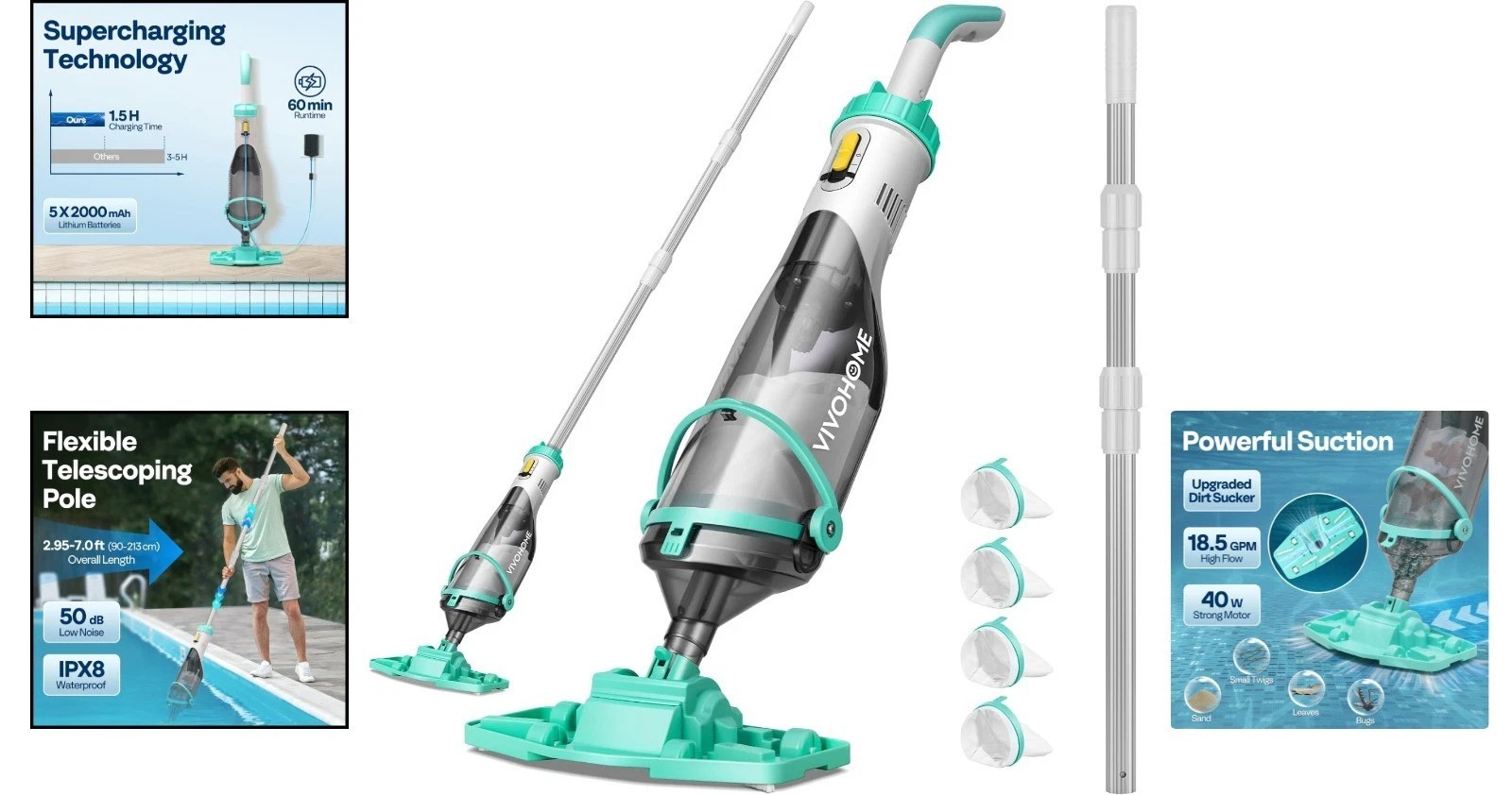 Rechargeable 18.5 GPM Cordless Pool Cleaner with Fast Charging, Handheld Design