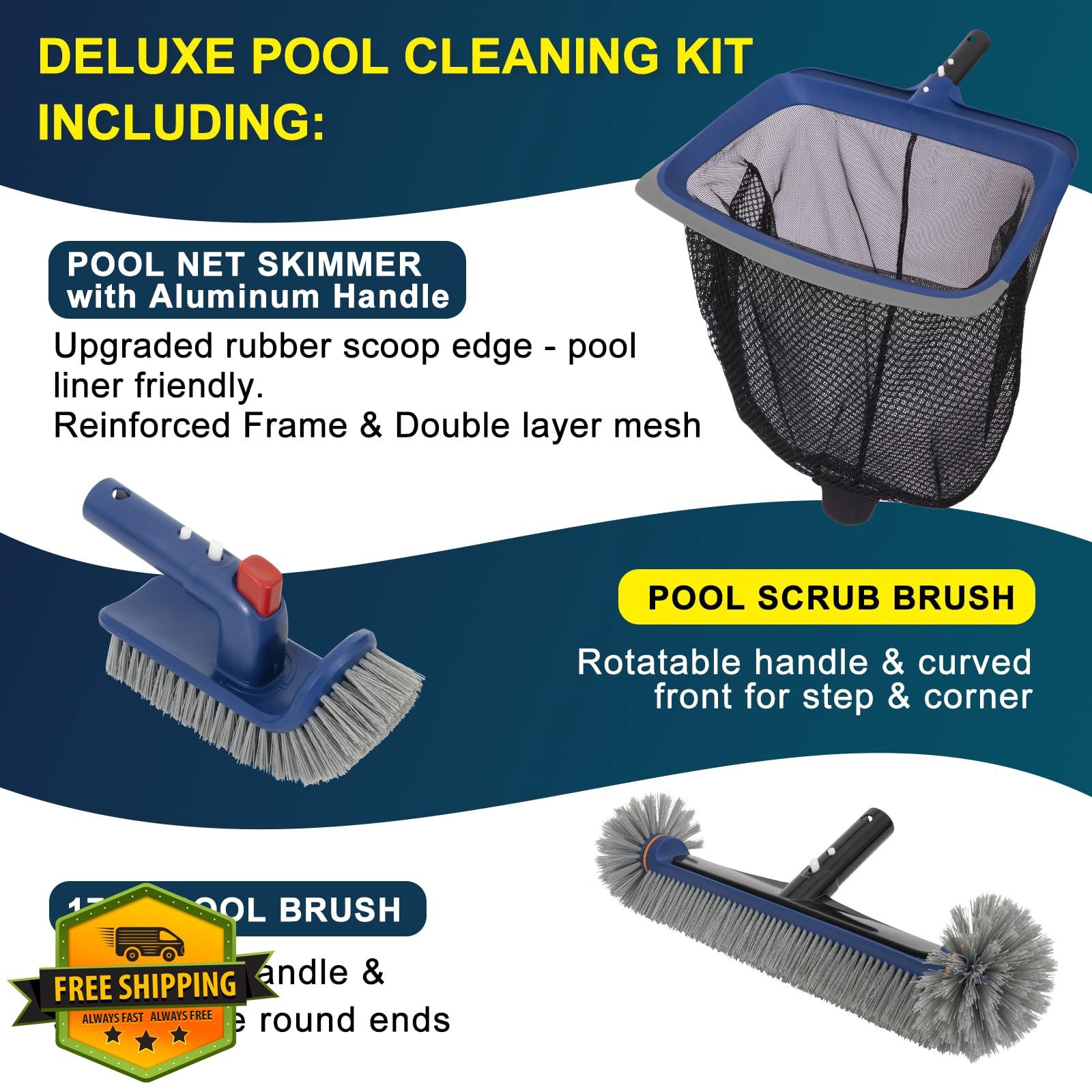 Pool Cleaning Kit Skimmer Net Brush Head Heavy Duty for Inground Above Ground