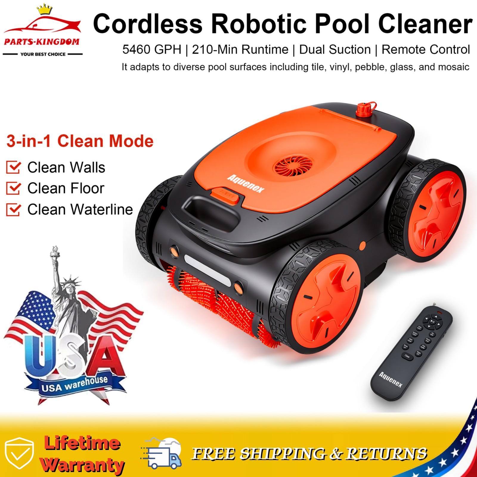 5460GPH Cordless Robotic Pool Cleaner, with Remote Control, Max Depth 9.8ft