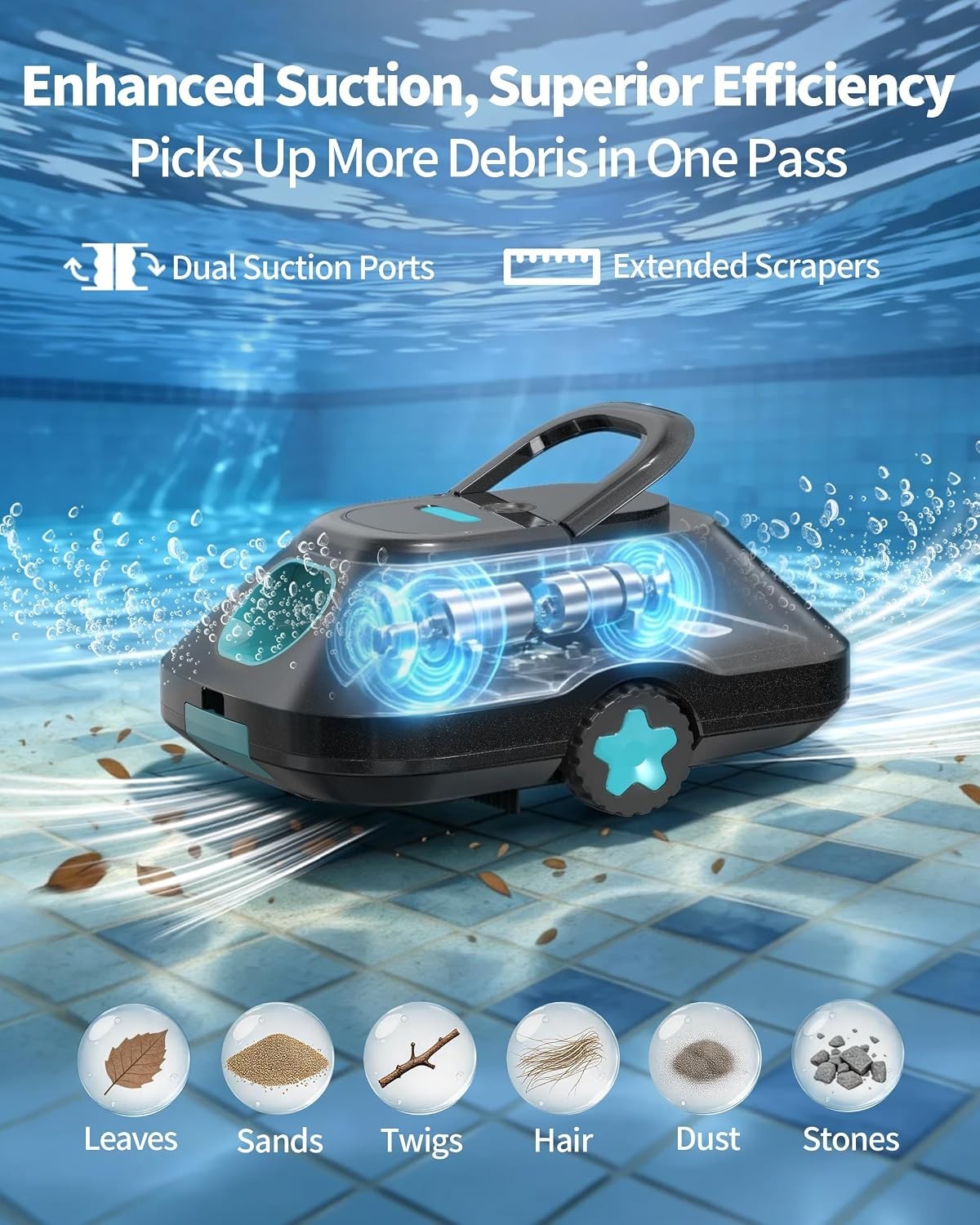 Light Teal Robotic Pool Cleaner for Above & Inground Pools – 180μm Filtration