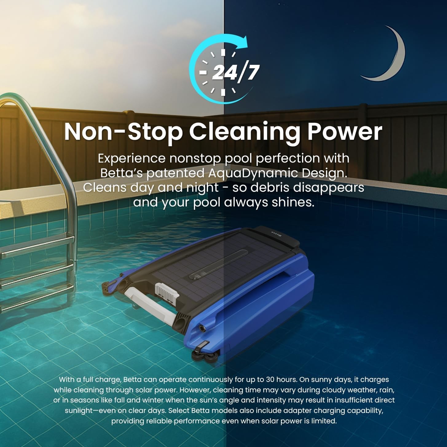 Solar Powered Robotic Pool Skimmer, Automatic Cleaner, 24/7 Battery, Blue