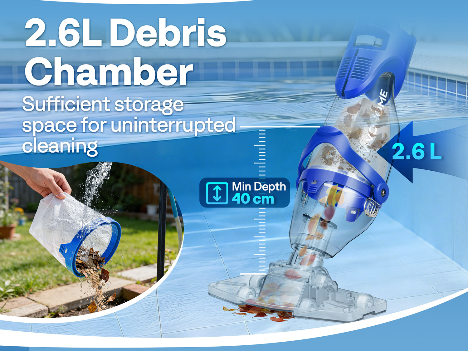 Cordless Pool Vacuum Cleaner 40W Quiet 19GPM 75min Battery 8.2FT Pole 2.6LFilter