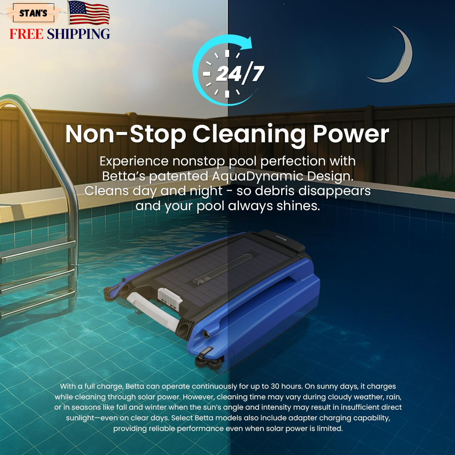 Betta SE Solar Powered Automatic Robotic Pool Surface Skimmer Cleaner Blue NEW