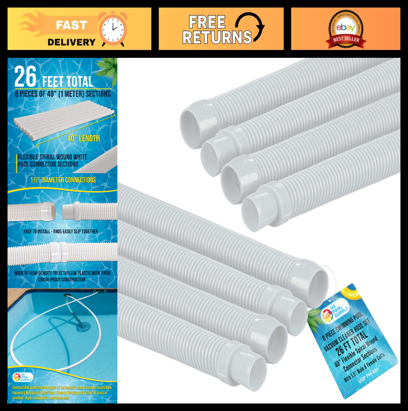 40&Prime; Flexible Pool Vacuum Hose Set – 8 Piece Spiral Wound Connector, 1.5&Prime; Cuffs