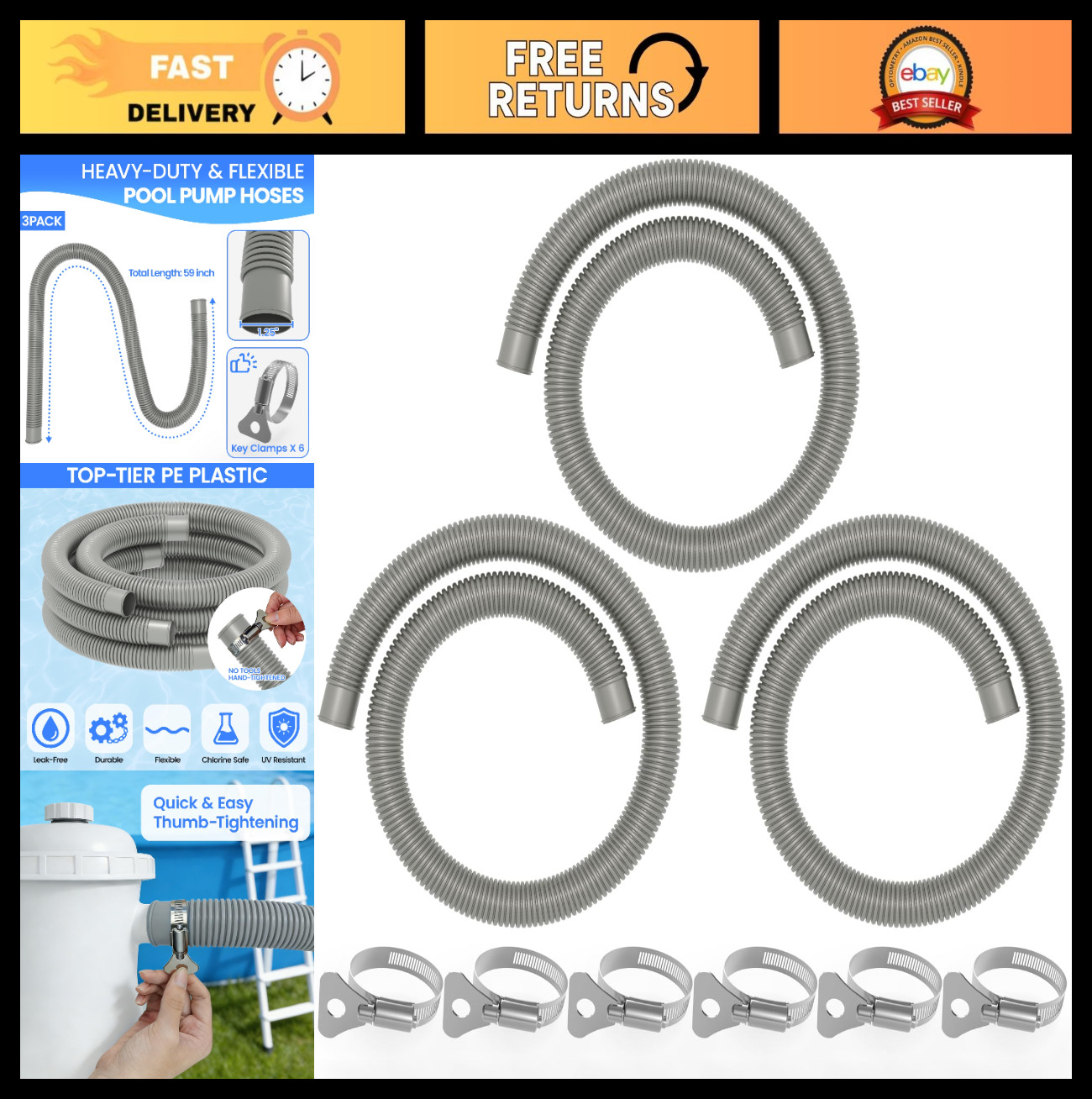 Heavy Duty Pool Hoses 1.25&Prime; x 59&Prime; – 3-Pack, UV Resistant, Leak-Proof with Clamps