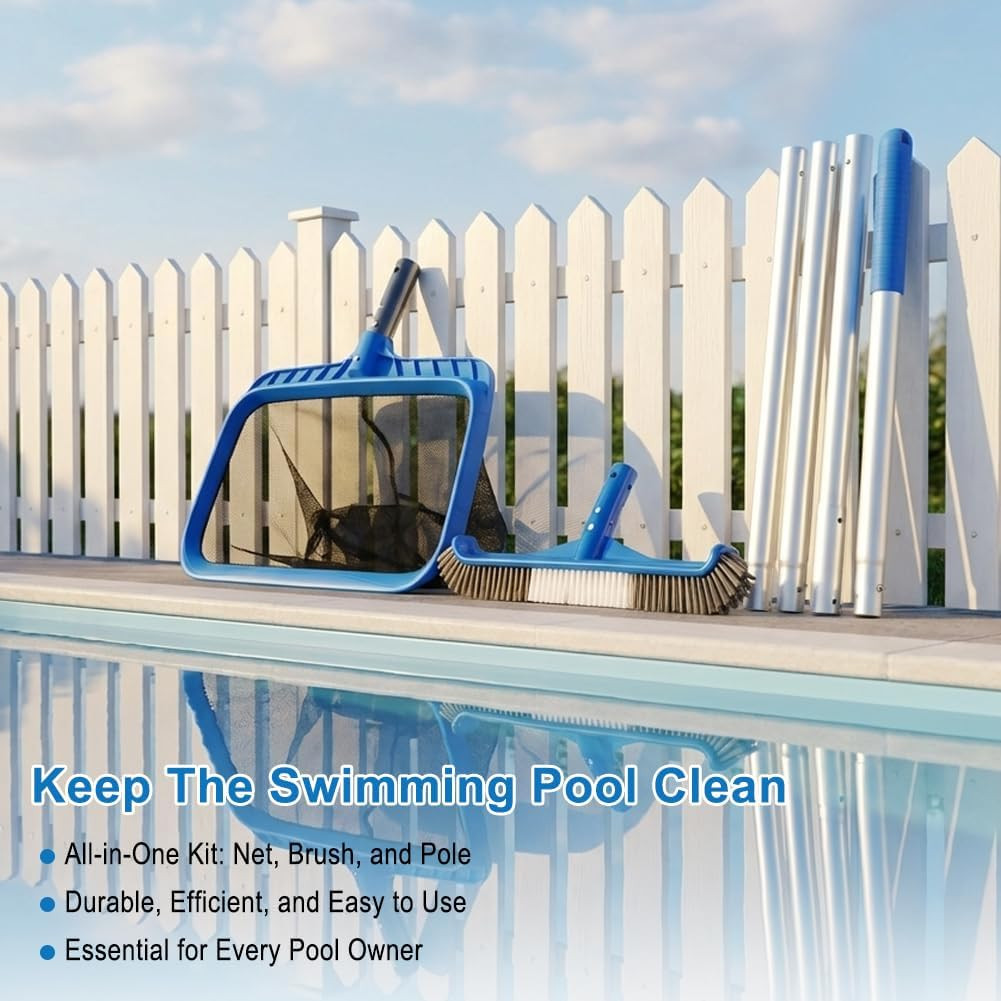 Swimming Pool Cleaning Kit, Large Skimmer Net with 56 Inch Pole & 17.5” Pool Bru