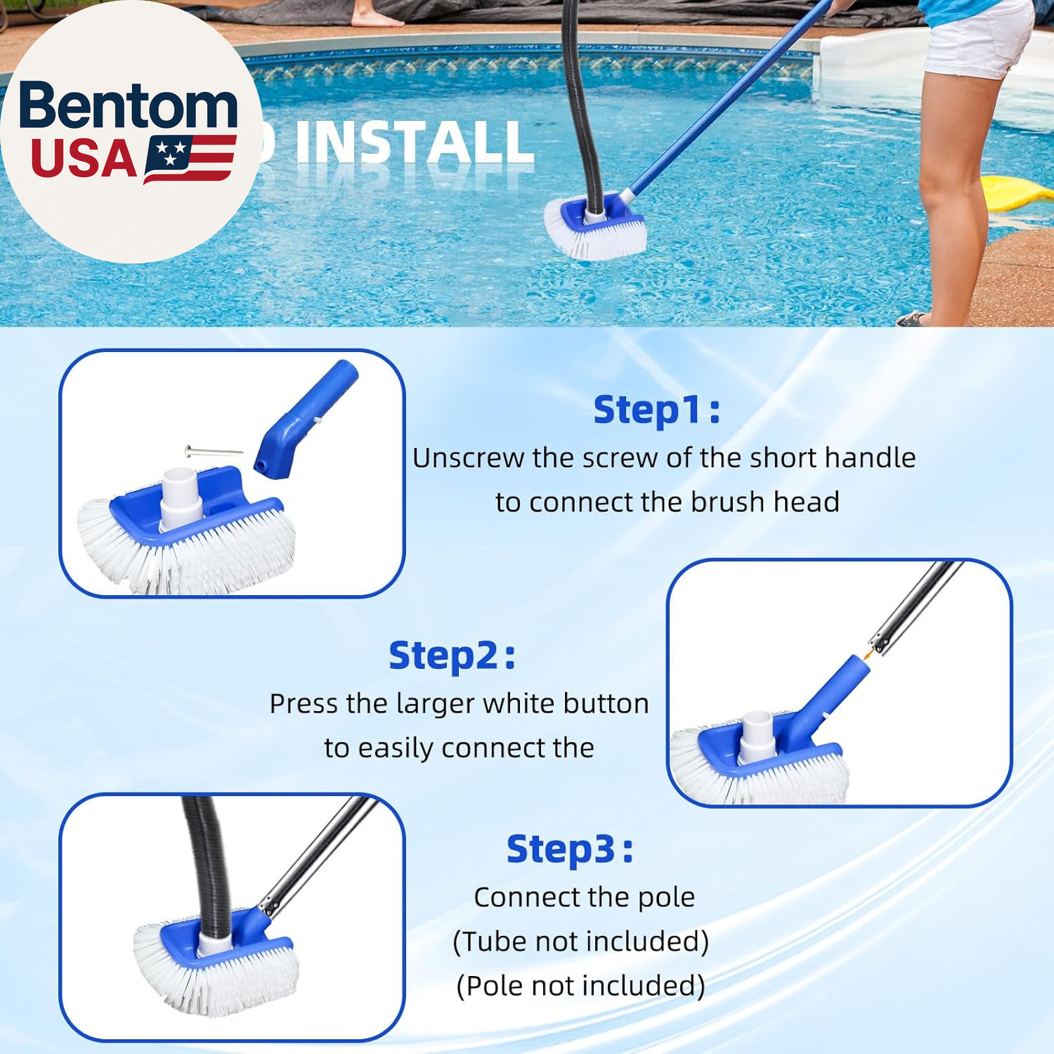 Pool Brush Head with Pool Vacuum Head for Inground & above Ground Pools, round H
