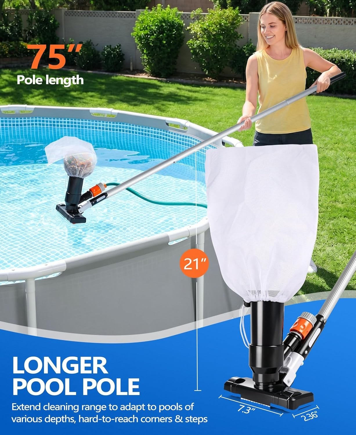 Handheld Pool Vacuum Above Ground Pool Floor Cleaner with Pole Brush