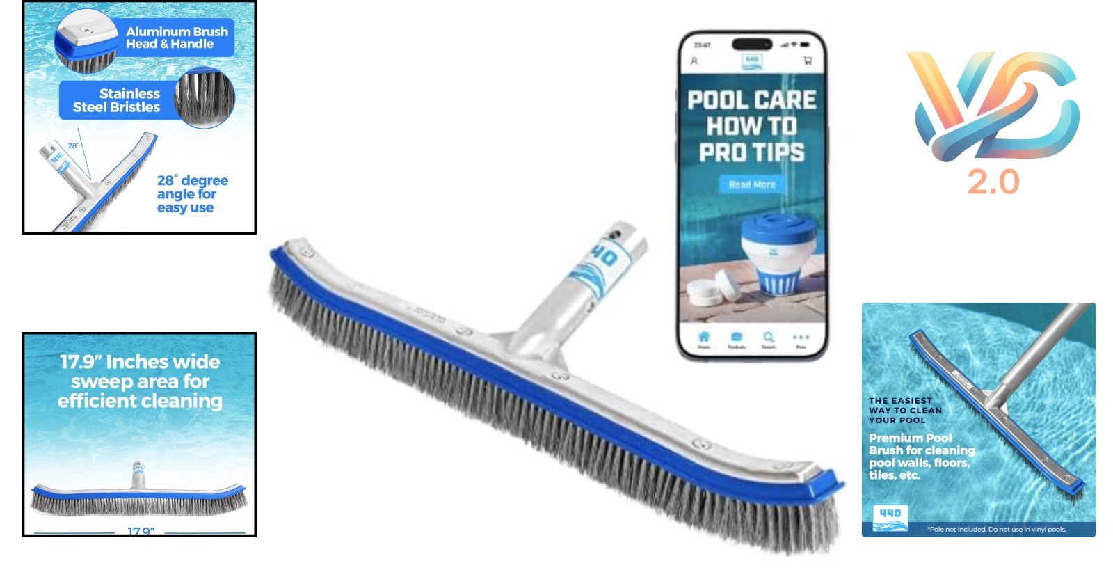 Heavy Duty 18-Inch Stainless Steel Pool Brush for Walls, Floor, Tiles, Steps