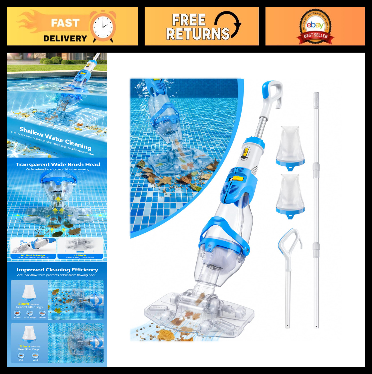 Cordless Pool Vacuum for Inground & Above Ground Pools, 19 GPM Suction, 70 Min R
